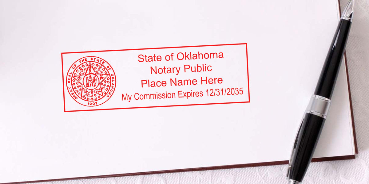 Oklahoma Notary Public stamp and seal with commission expiration date, written in black pen on white paper.