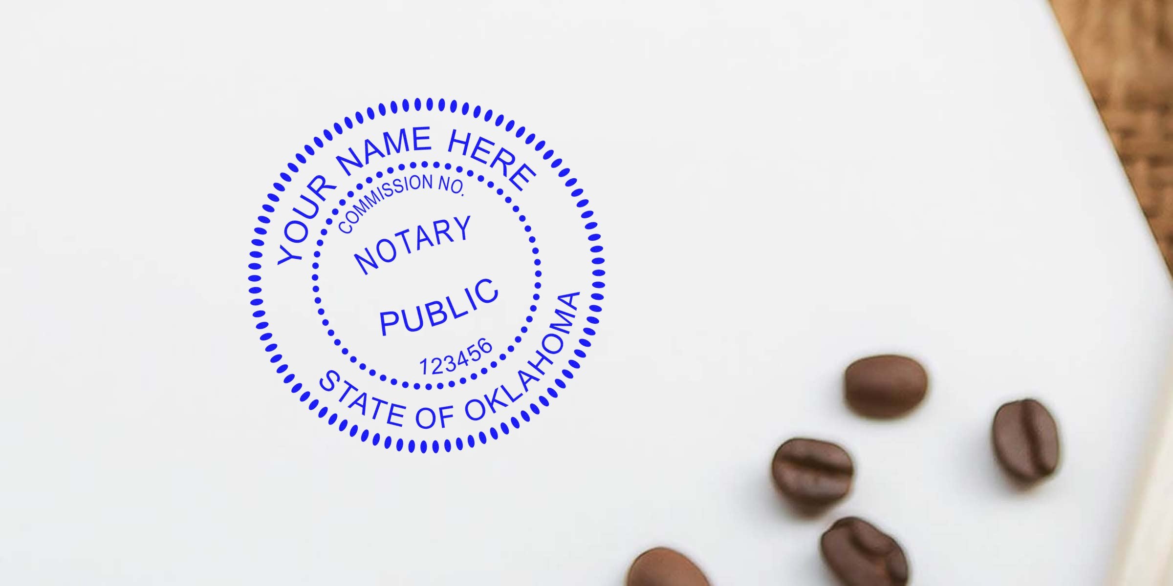 Notary Seal Oklahoma stamped on white paper with coffee beans nearby, showing the choice of Notary Seal for notary services.