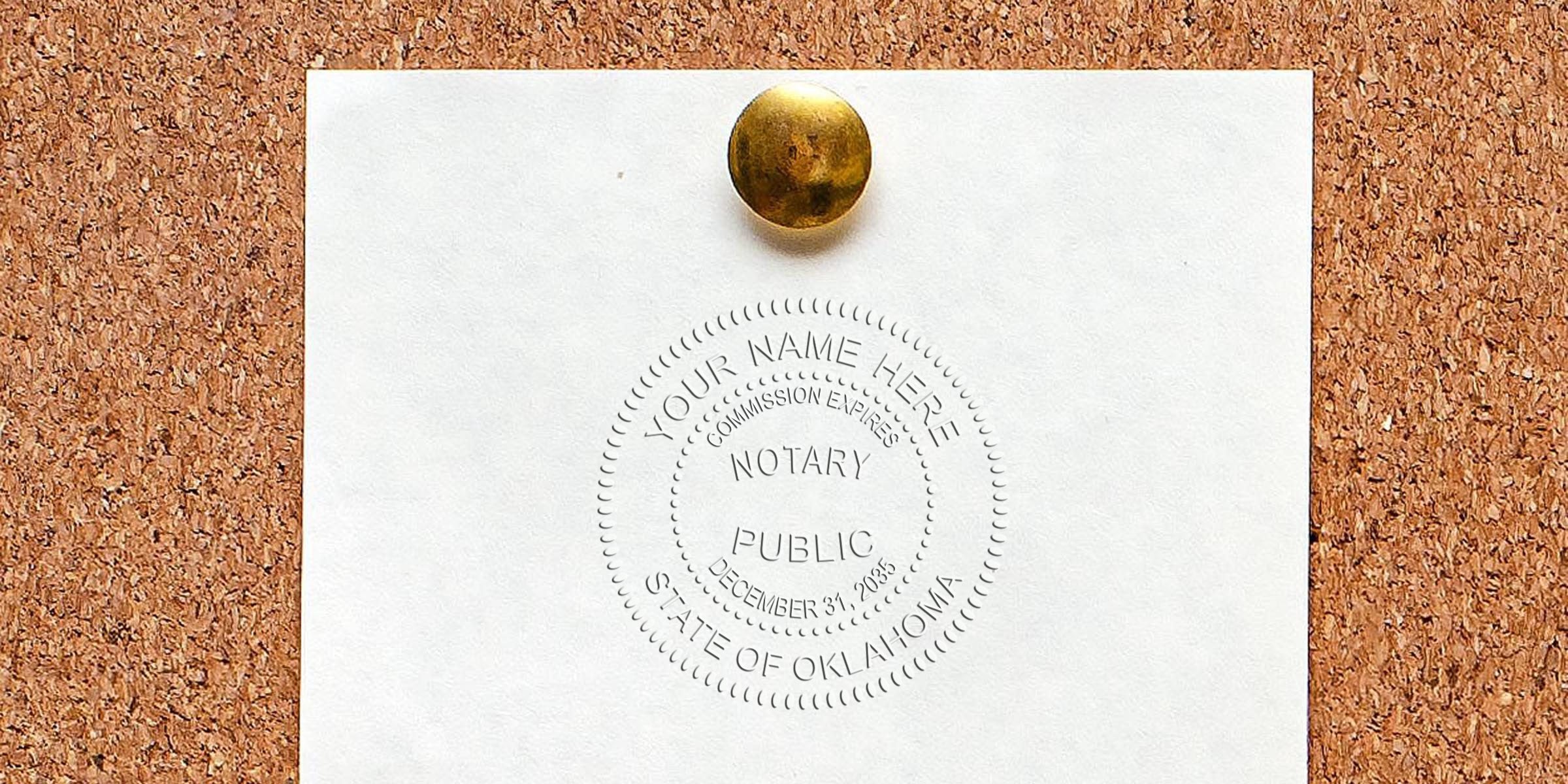 Oklahoma notary seal embossed on white paper pinned to corkboard, meeting official document verification requirements.