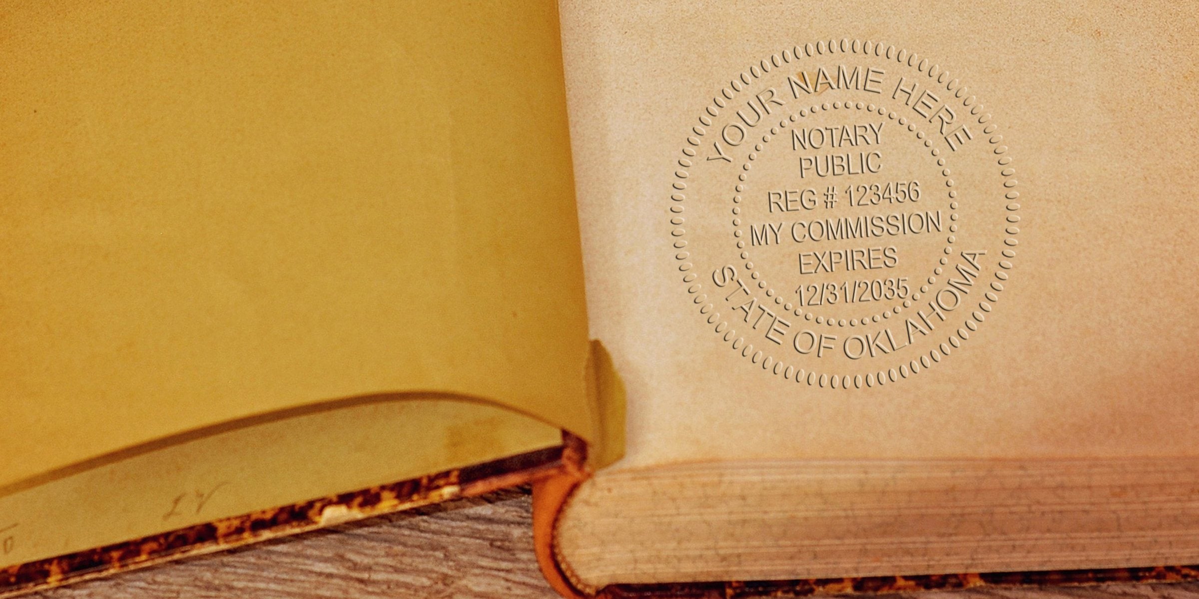 Embossed notary public seal on a vintage book page, symbolizing Oklahoma notary kit and key supplies for commission verification.