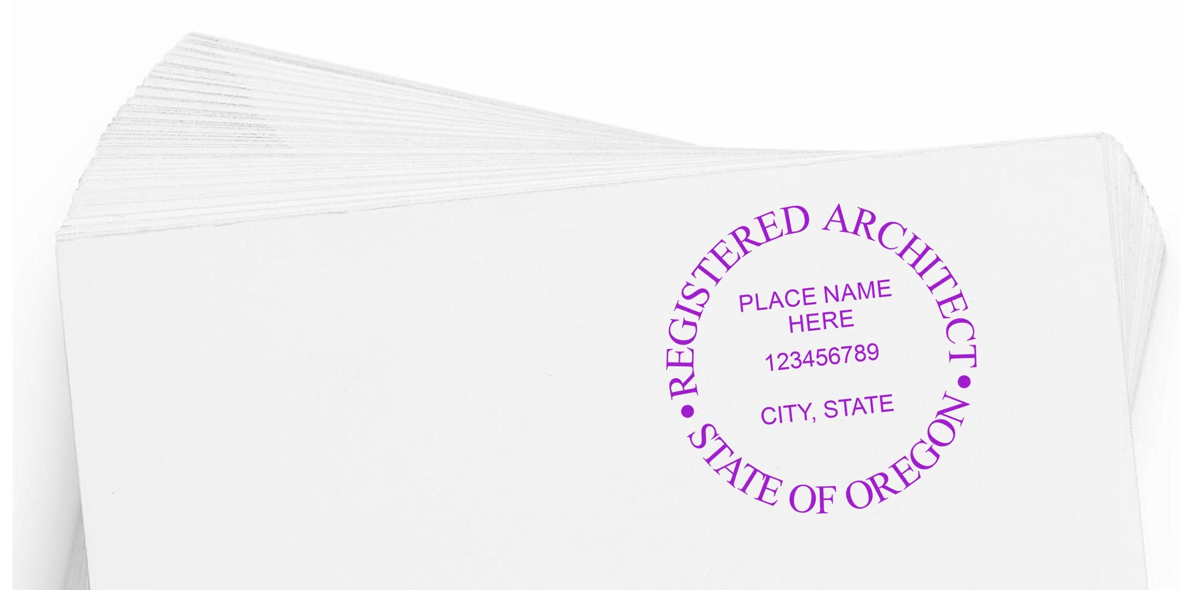 Stack of white paper with a purple Oregon architect seal embosser stamp for state license verification, showcasing affordable architect seal embossers.