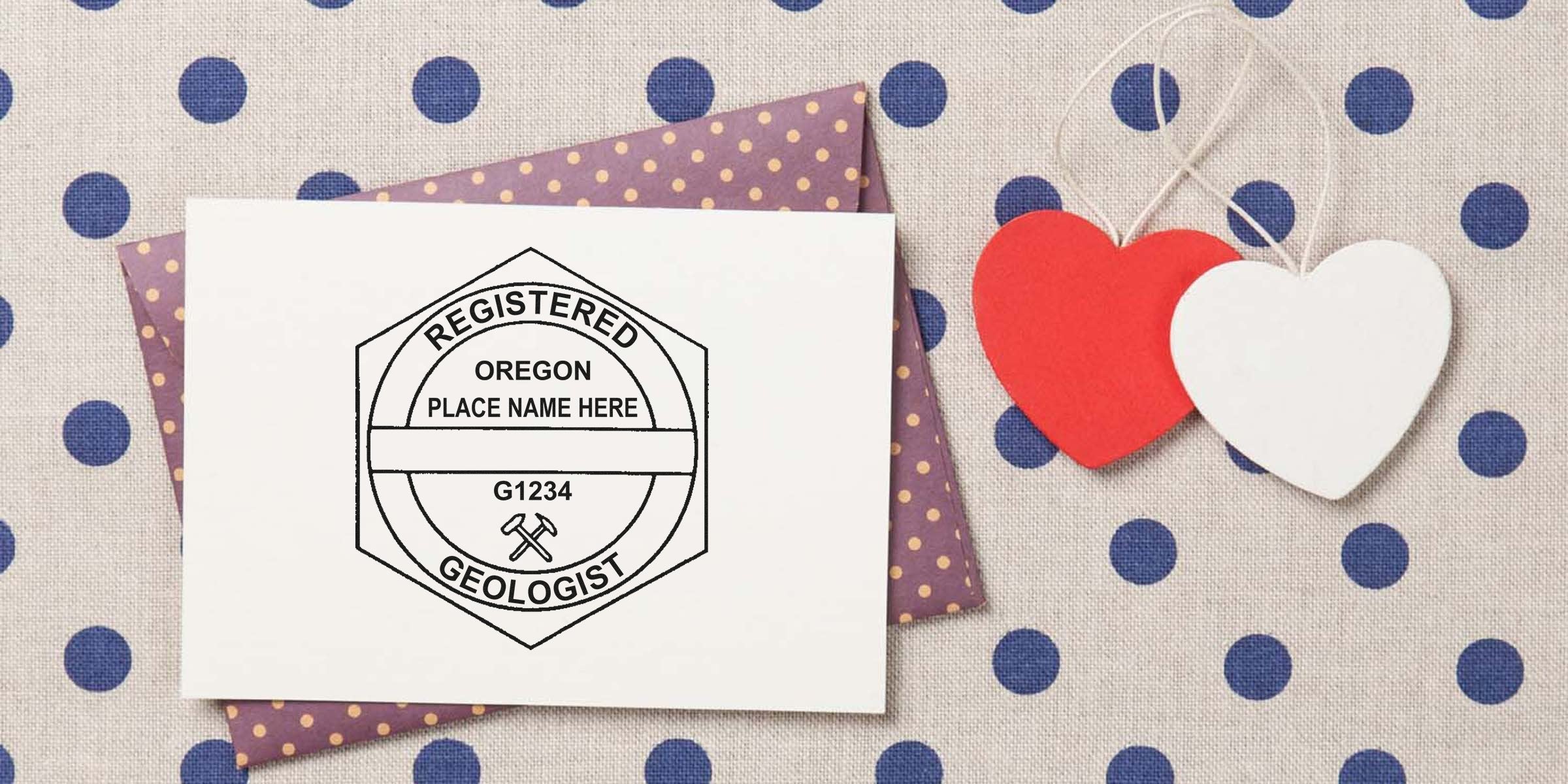 Oregon Geologist Stamp design on white card with purple polka dot envelope and red-white heart decorations, adhering to Geologist Stamp Guidelines.