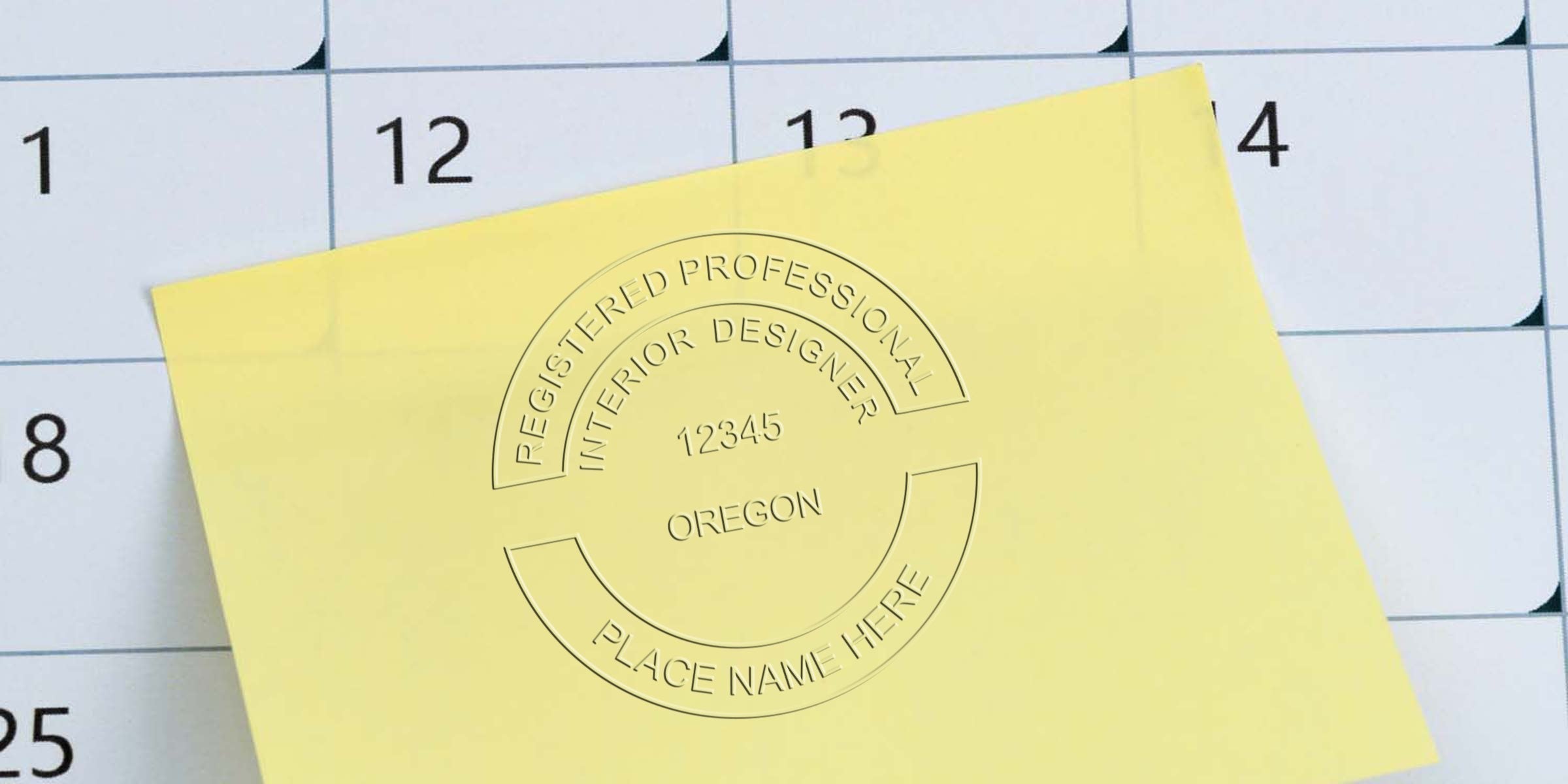 Calendar with a yellow sticky note showing a registered Oregon interior designer seal, highlighting the cost and pricing of interior designer stamps in Oregon.
