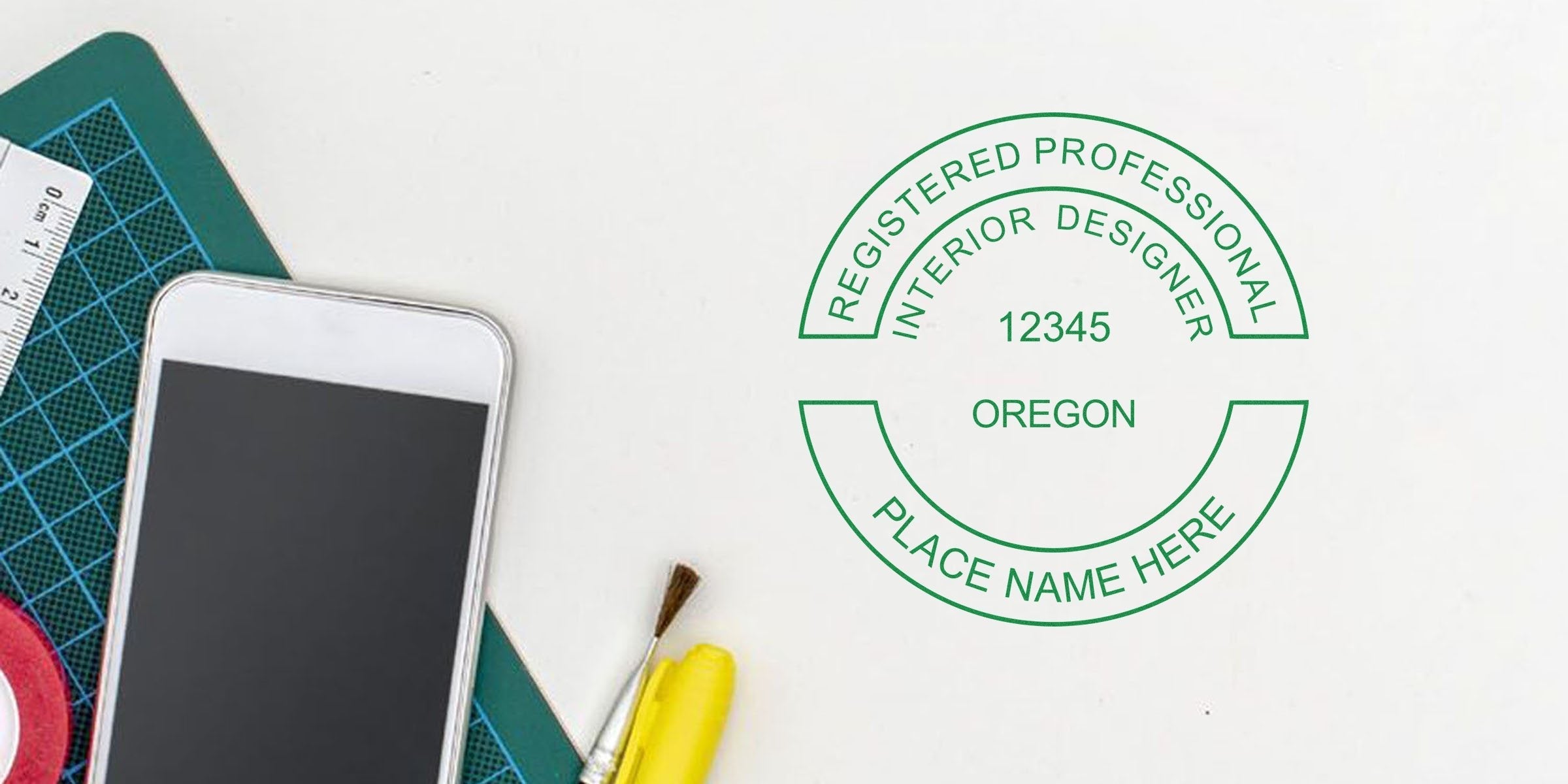 Registered interior designer seal with smartphone and design tools on white, highlighting Oregon interior designer stamp laws and seals.