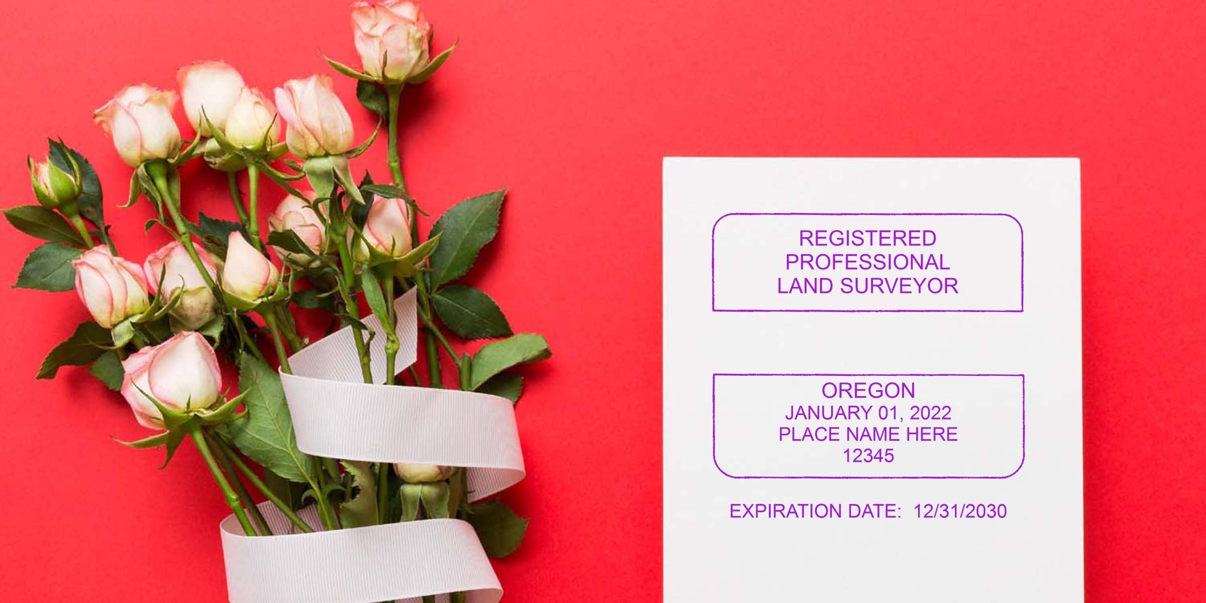Pink rose bouquet with white ribbon beside Oregon land surveyor seal and professional registration certificate showcasing Oregon land surveying regulations.