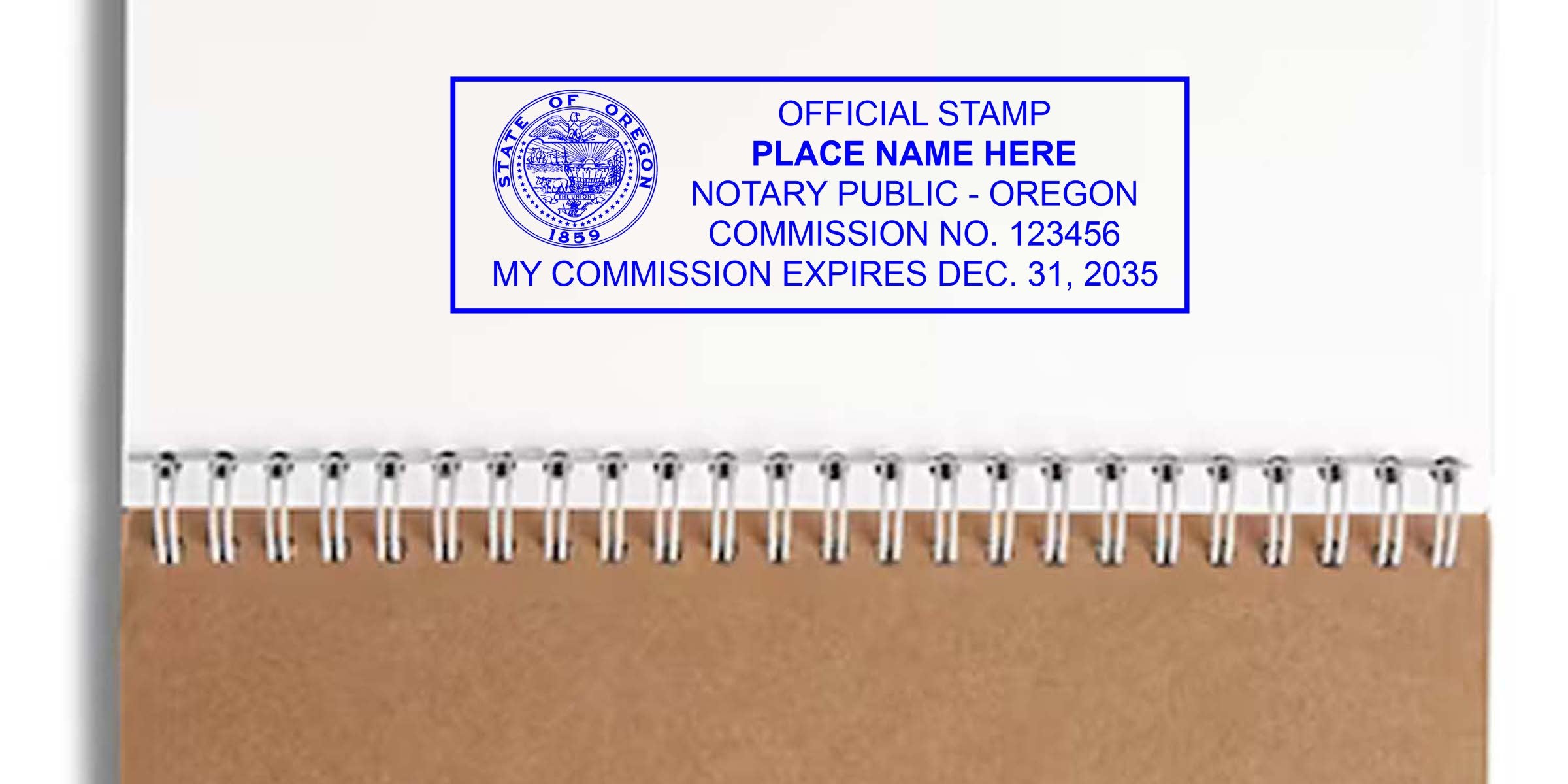 Oregon notary public stamp with commission number and expiration date on a spiral notebook page, showing the Oregon notary process and steps to become a notary in Oregon.