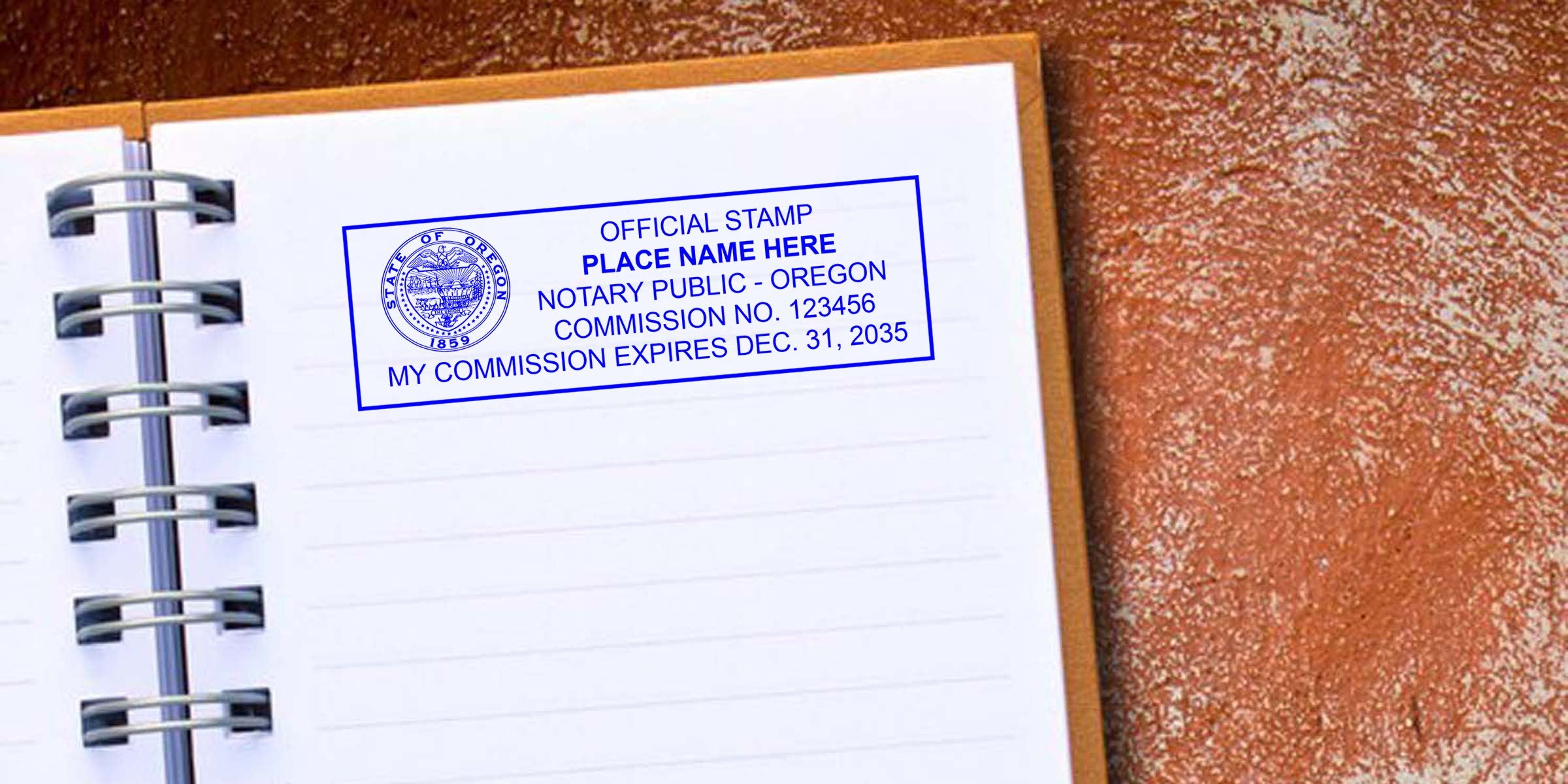 Oregon notary seal on notebook page shows official stamp with commission number and expiration date, highlighting the importance of accurate notary seal details.