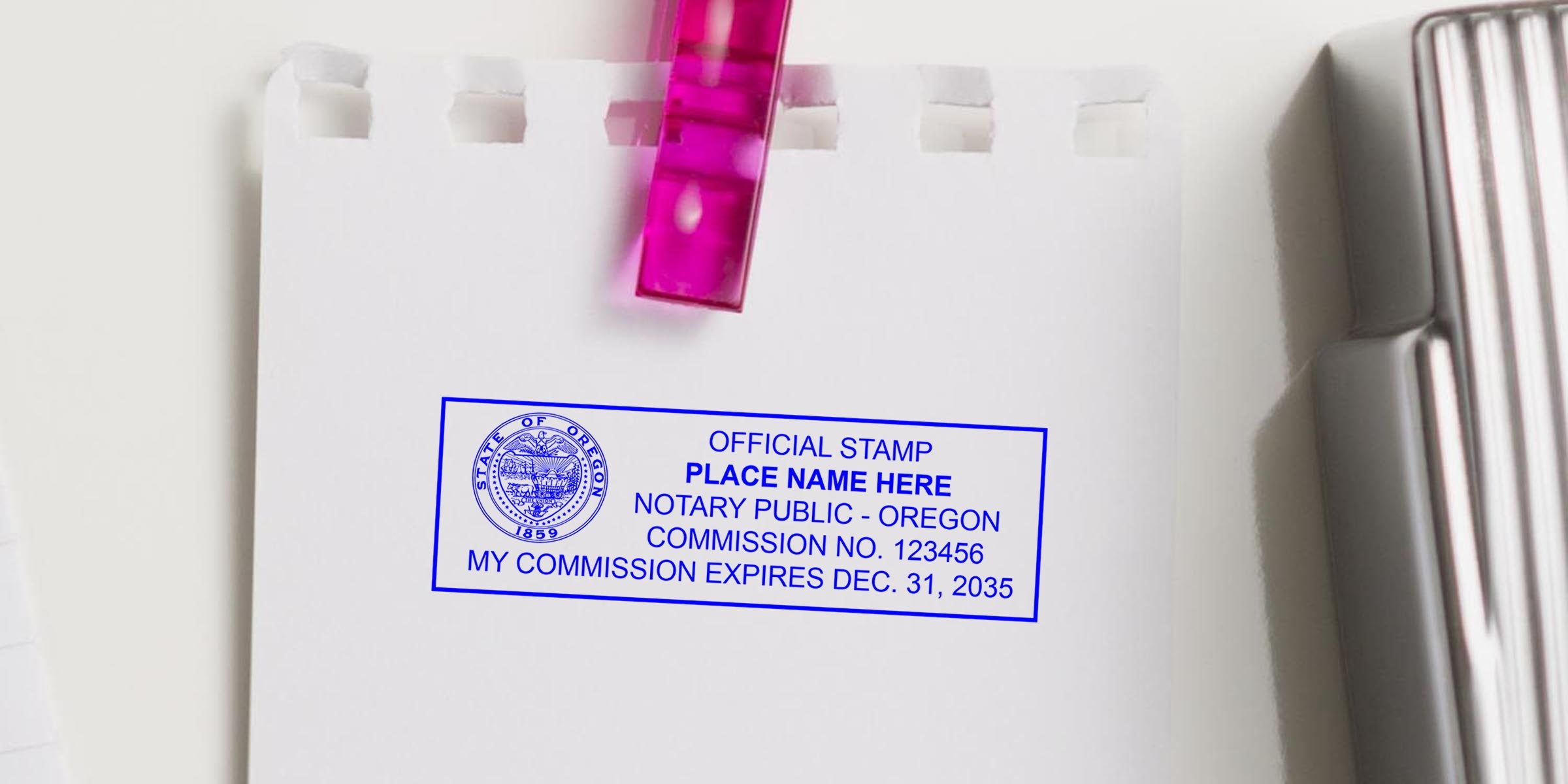 Oregon notary public stamp on white paper showing commission number and expiration date, part of Oregon notary kit and starter supplies.