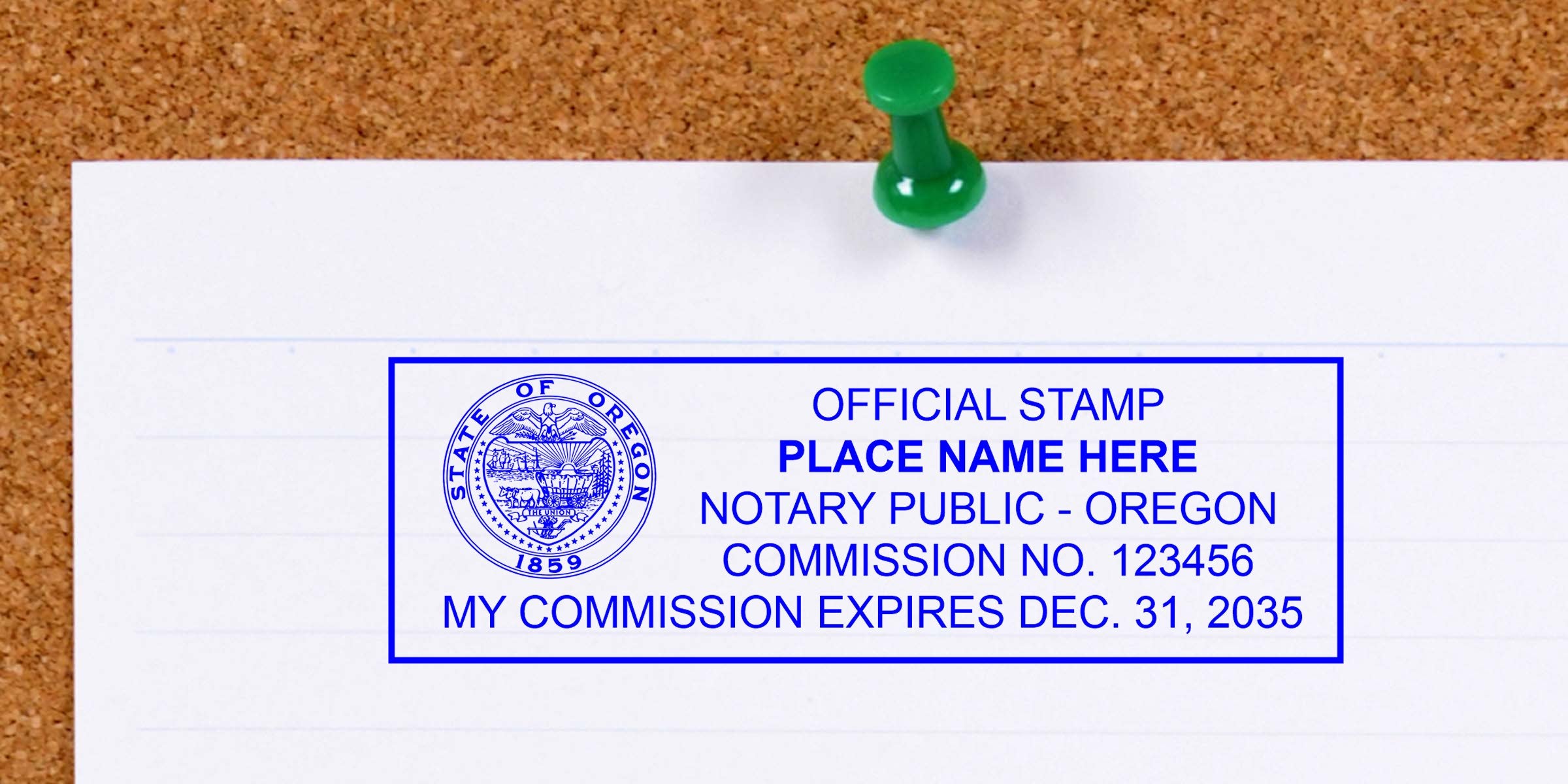 Oregon notary seal with commission number and expiration date pinned on corkboard, showcasing the top Oregon notary stamp design.