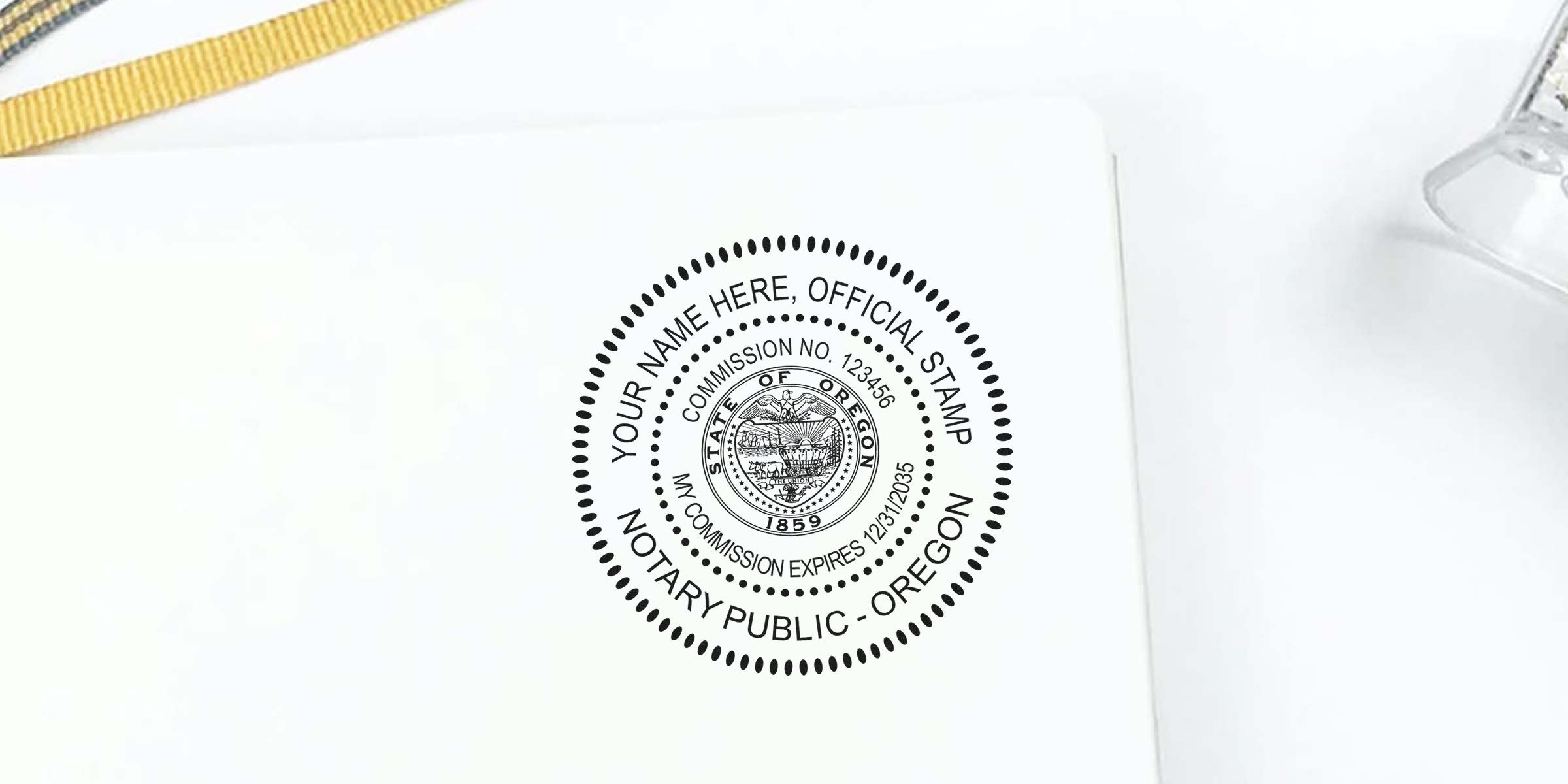 Custom Oregon notary seal stamp with official commission details on white paper, displaying multiple notary stamp options.