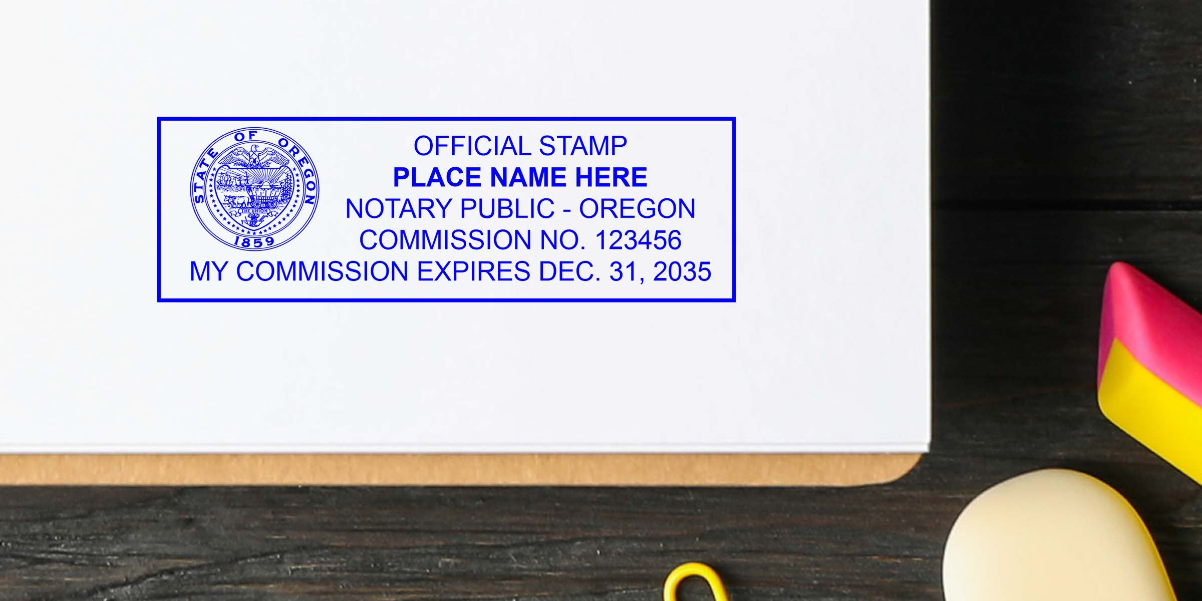 Oregon notary seal and stamp on white paper showing official seal and commission expiration date, part of Oregon notary supplies.