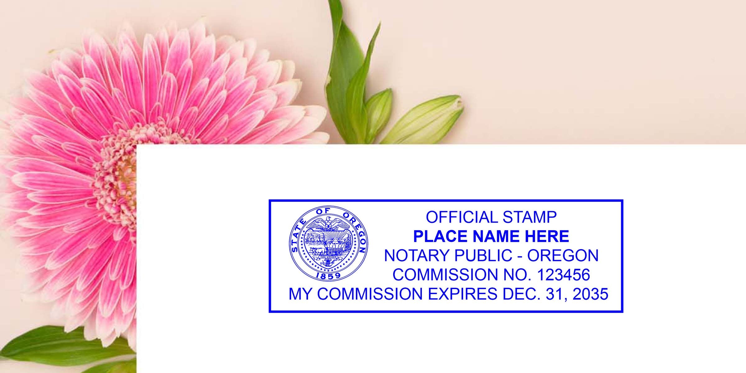 Oregon notary public stamp on white paper with pink flower background, displaying commission number, expiration date, and clear Oregon notary seal size and dimensions.