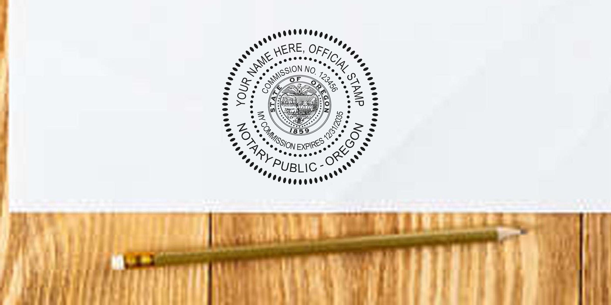 Oregon notary stamp on white paper with pencil on wooden table, meeting Oregon notary requirements.