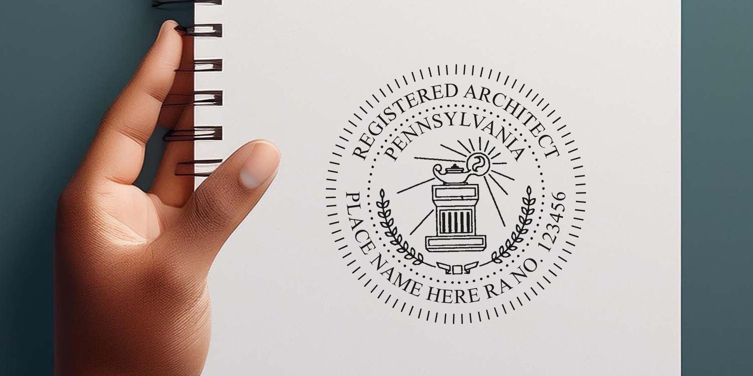 Hand holding notebook with Pennsylvania architect seal, showing rules and usage for professional certification and license verification in Pennsylvania.