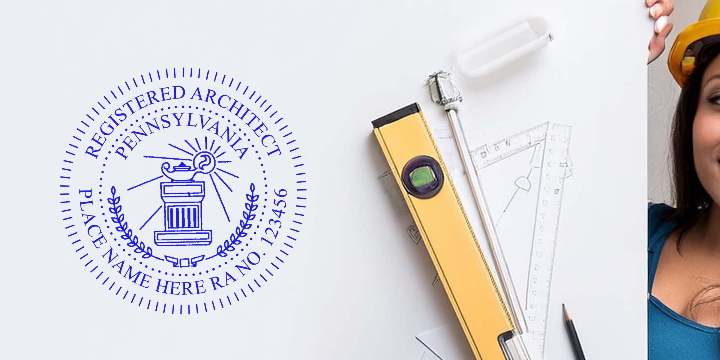 Female architect in hard hat with tools and Pennsylvania architect stamp, highlighting affordable stamp options.