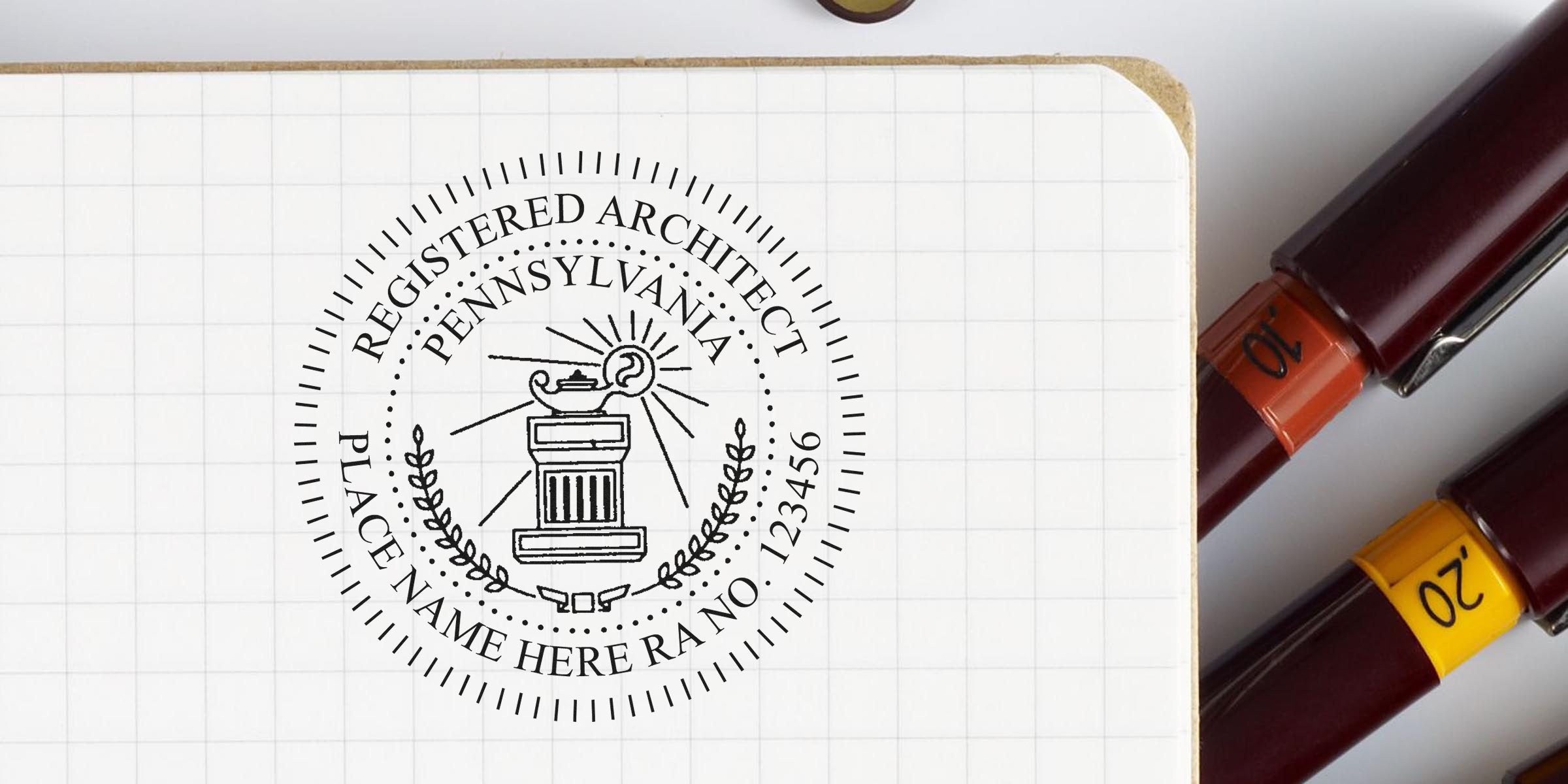 Registered architect stamp on graph paper with colored pens, showcasing Pennsylvania architect seal embosser and embossing tool for design and certification.