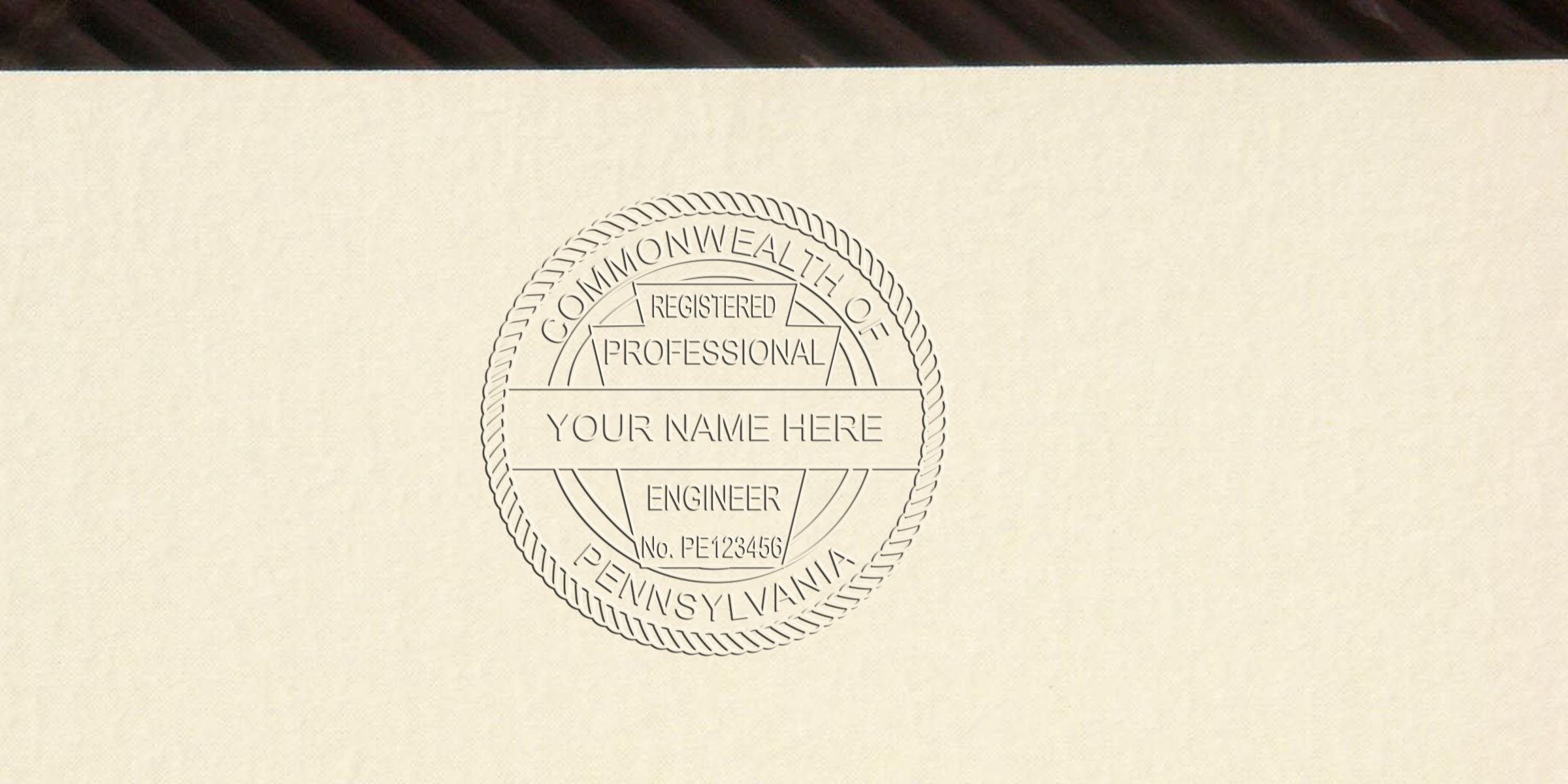 Embossed Pennsylvania engineer seal on cream paper, showing certification and license number, illustrating seal size and tips for choosing a Pennsylvania engineer seal.