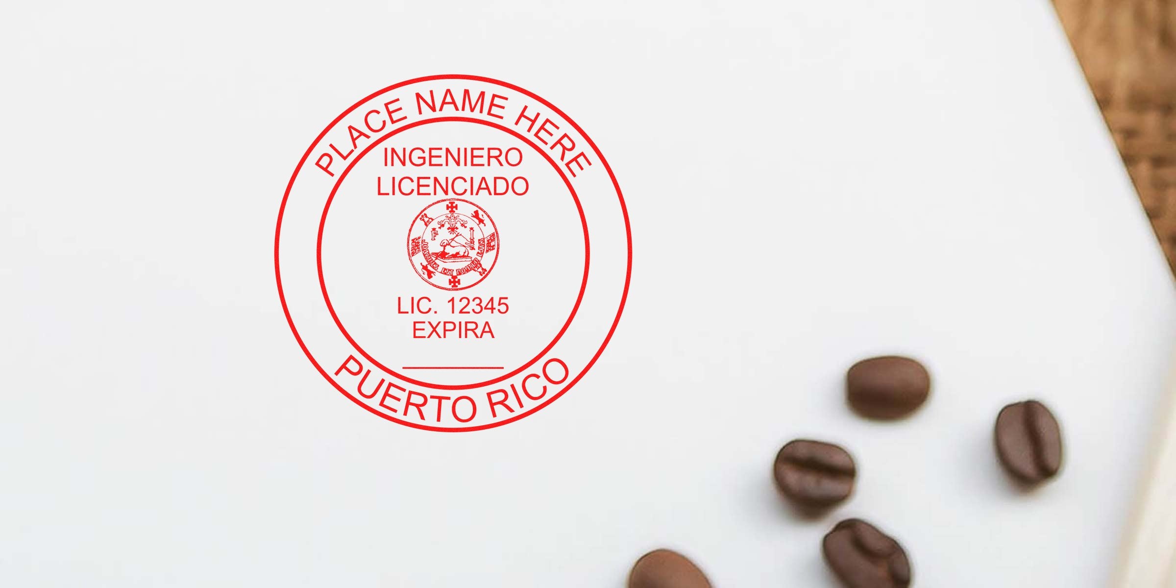 Puerto Rico licensed engineer stamp with coffee beans on white background, featuring Pennsylvania PE Seal and PA Engineer Licensing elements.