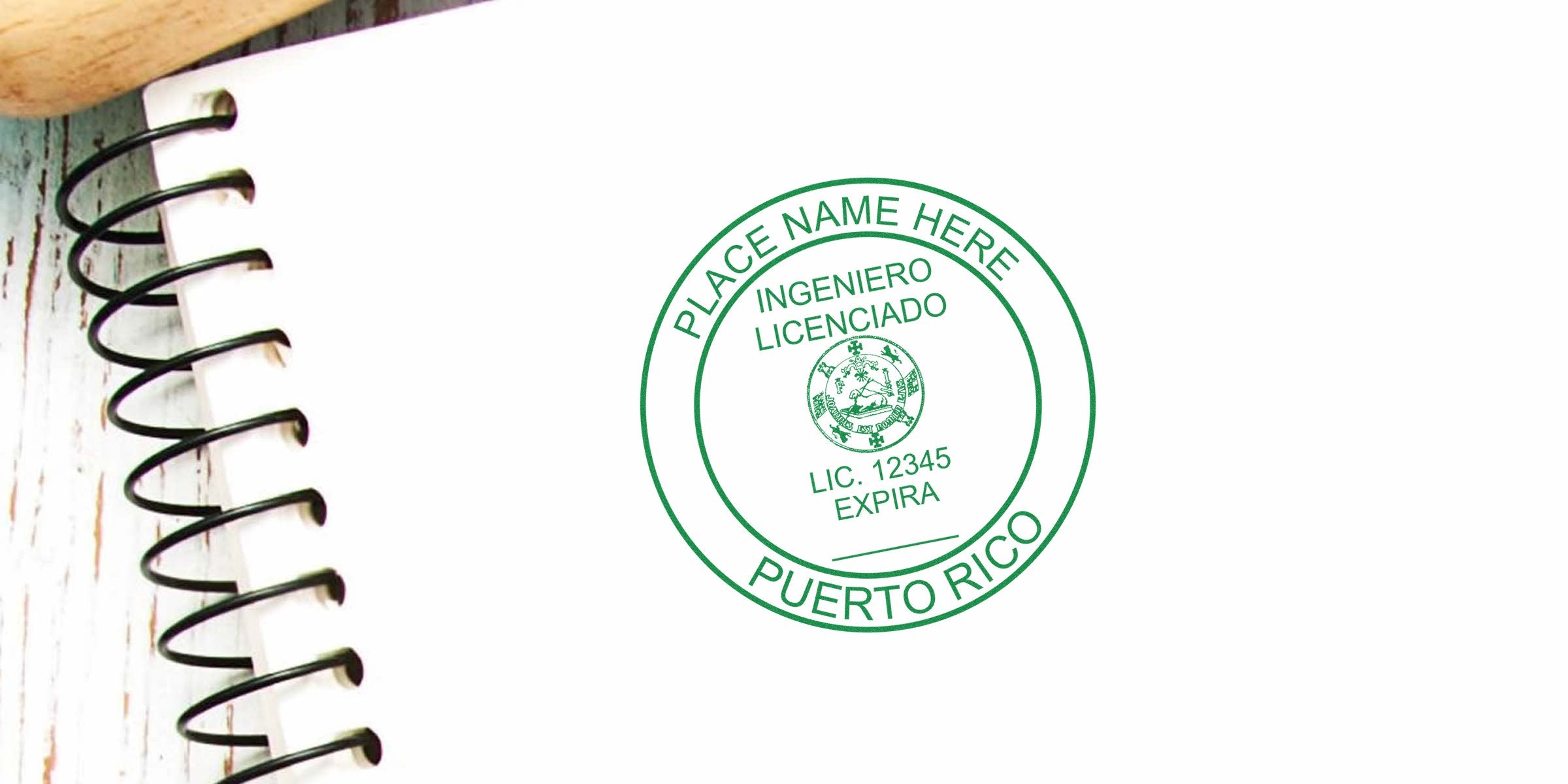 Puerto Rico and Pennsylvania engineer stamps on a white spiral notebook showcase secure online engineer stamp services.