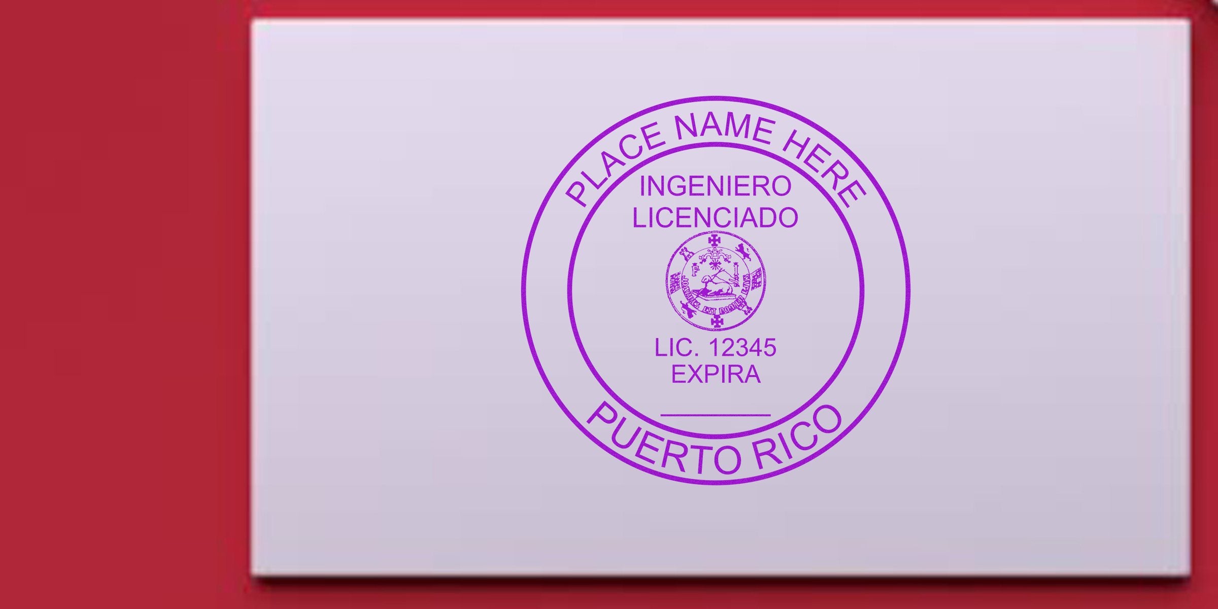 Puerto Rico licensed engineer stamp with license number and expiration date on white paper, next to Pennsylvania engineer stamp; purchase engineer stamps online.