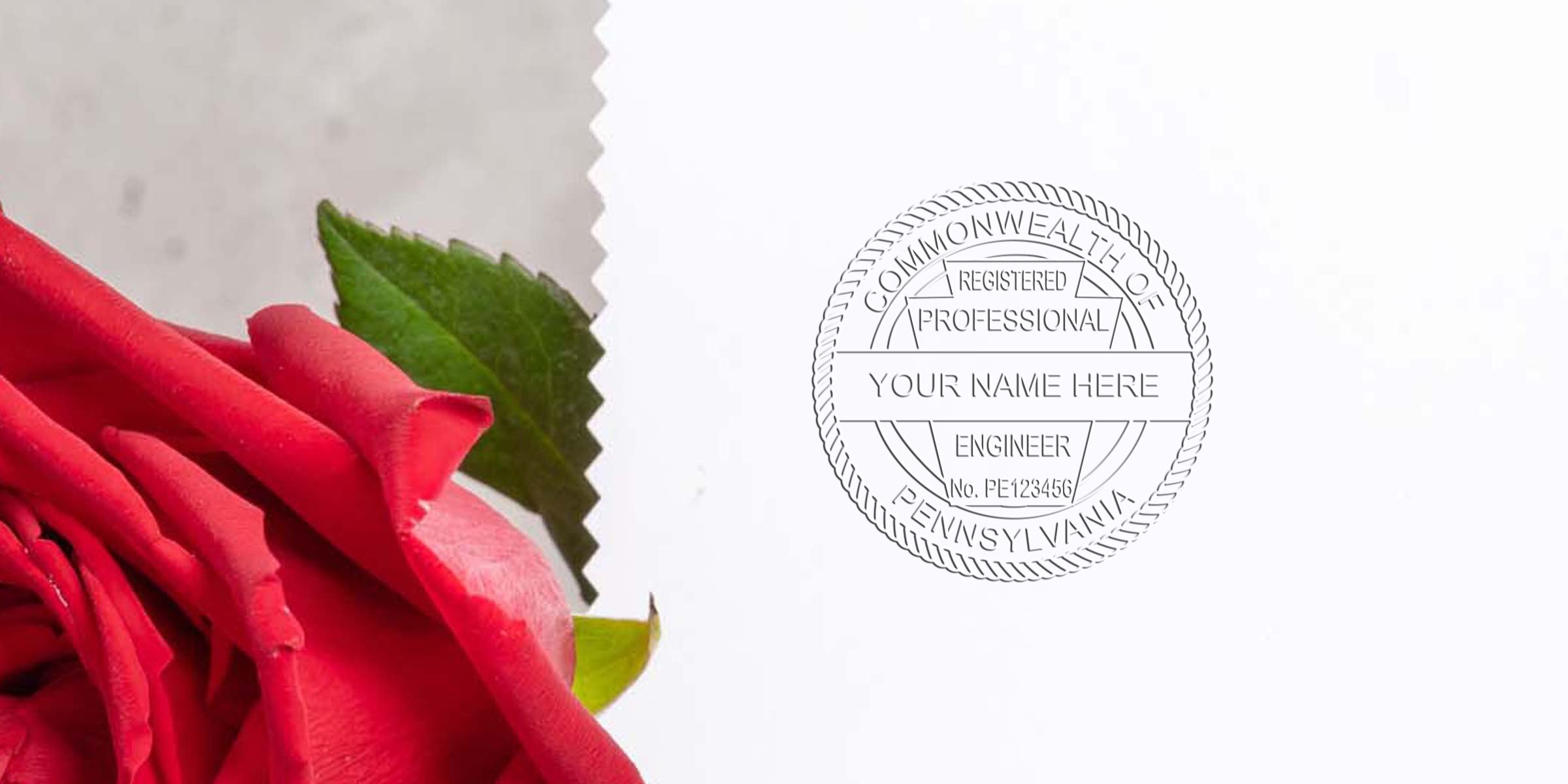 Professional engineer seal Pennsylvania with red rose, green leaf on white background, meeting PA PE stamp regulations and requirements.