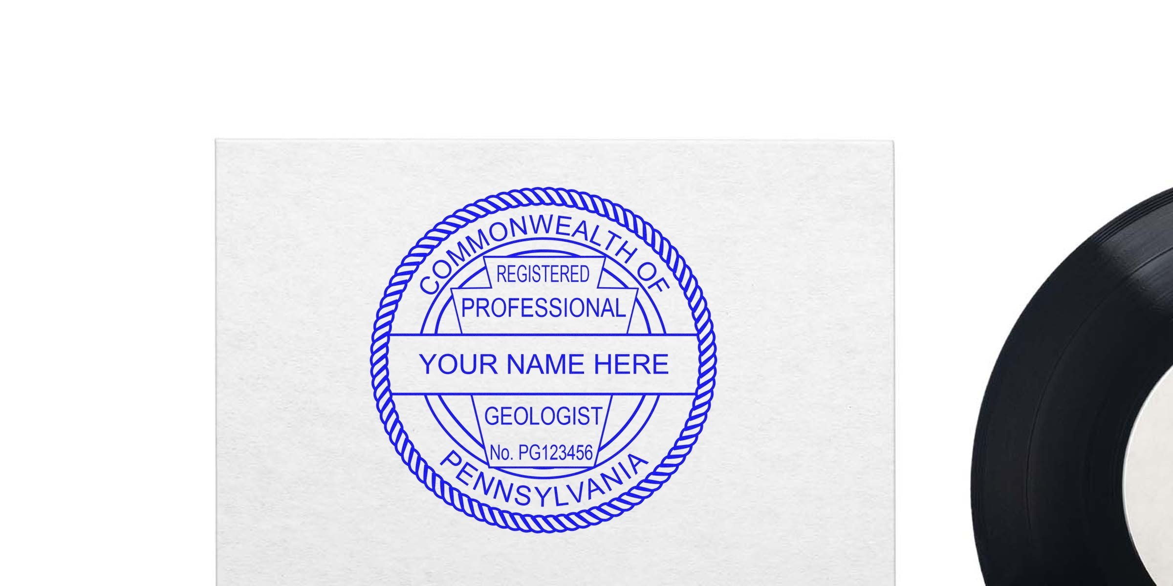 Professional Pennsylvania Geologist Stamp with registration number on white paper, showing the stamp used in the Geologist Stamp Application Process.