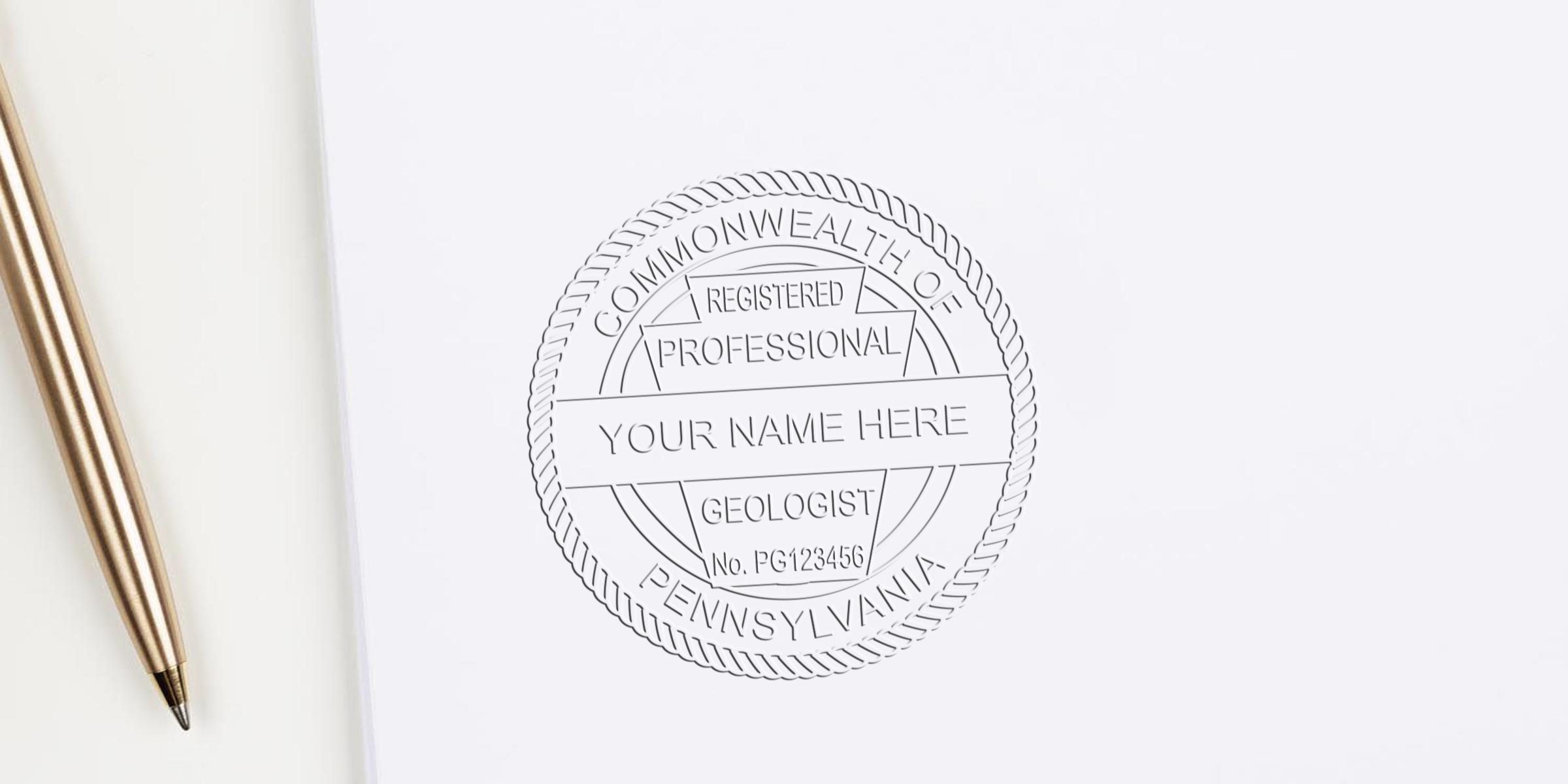Registered Pennsylvania professional geologist seal stamped in gold pen on white paper, adhering to the Pennsylvania geologist seal design guidelines.