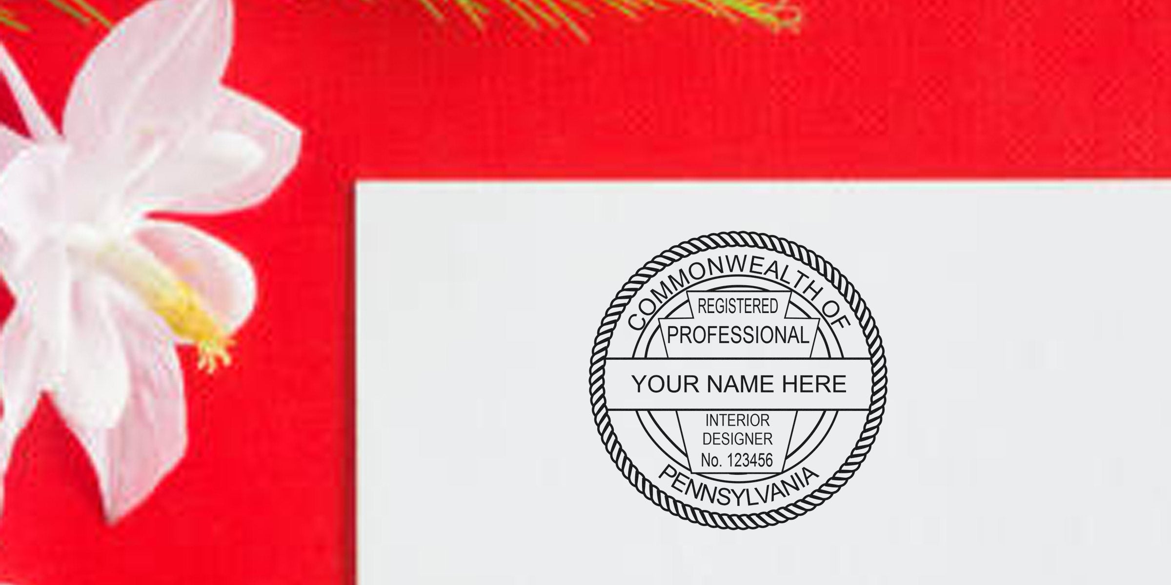 Registered Pennsylvania interior designer seal on white card with white flower, red background, available for online purchase.