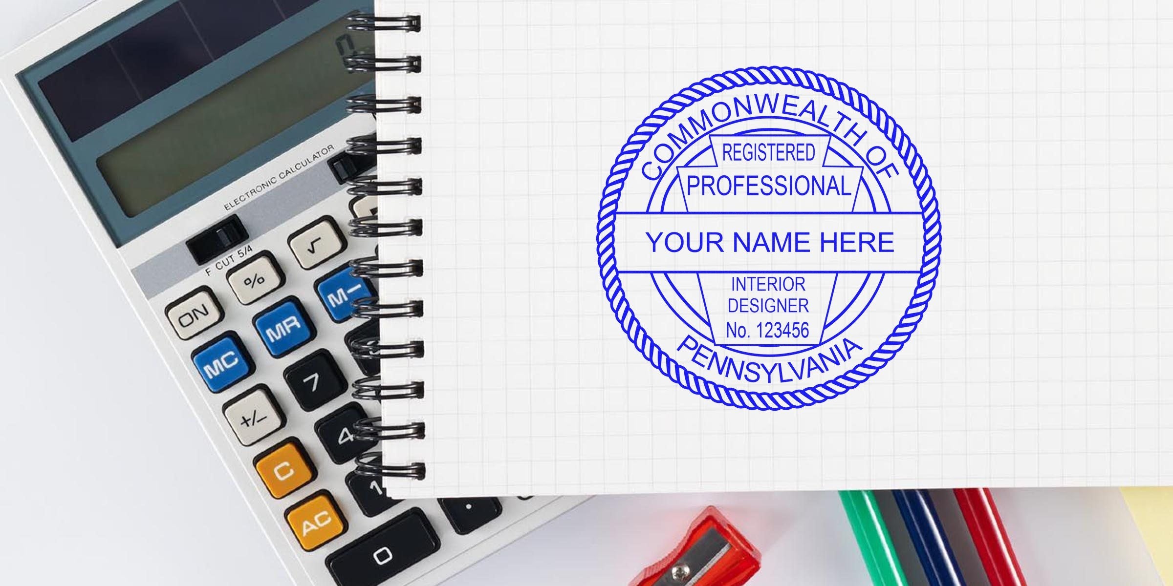 Calculator and notebook on graph paper with Pennsylvania interior design professional seal, showcasing custom design tips.
