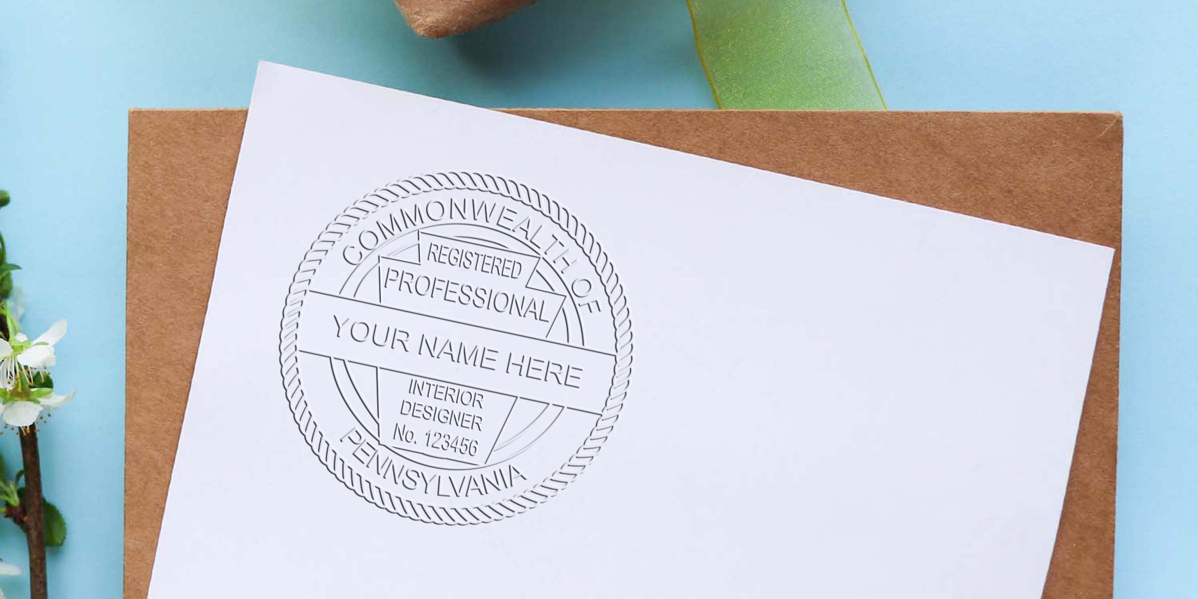 Embossed Pennsylvania interior designer stamp on white paper with brown envelope, highlighting professional stamp application standards.