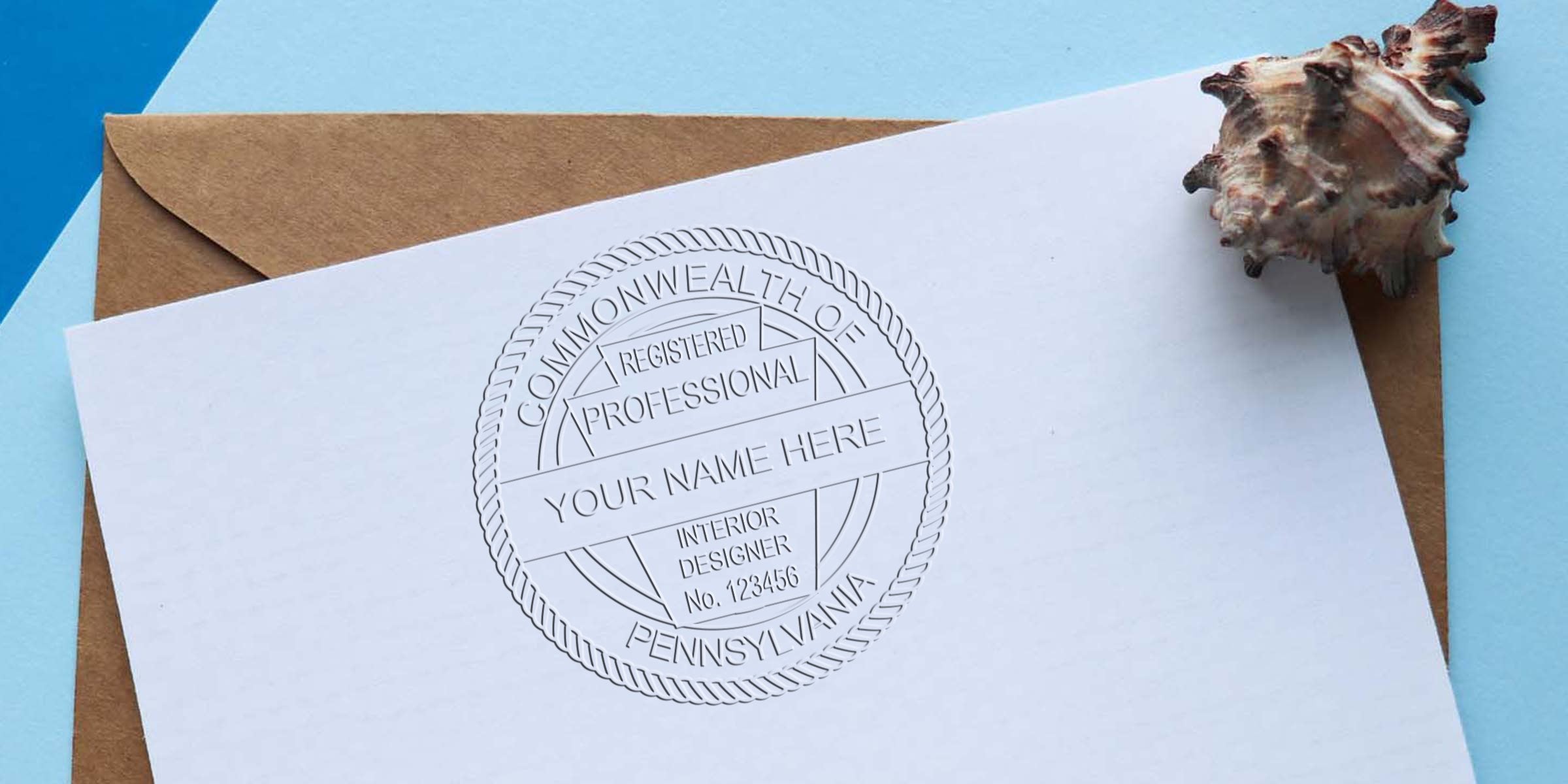 Embossed seal of a PA interior designer on white paper with brown envelope and seashell on blue background, showing Pennsylvania interior designer regulations and seal requirements.