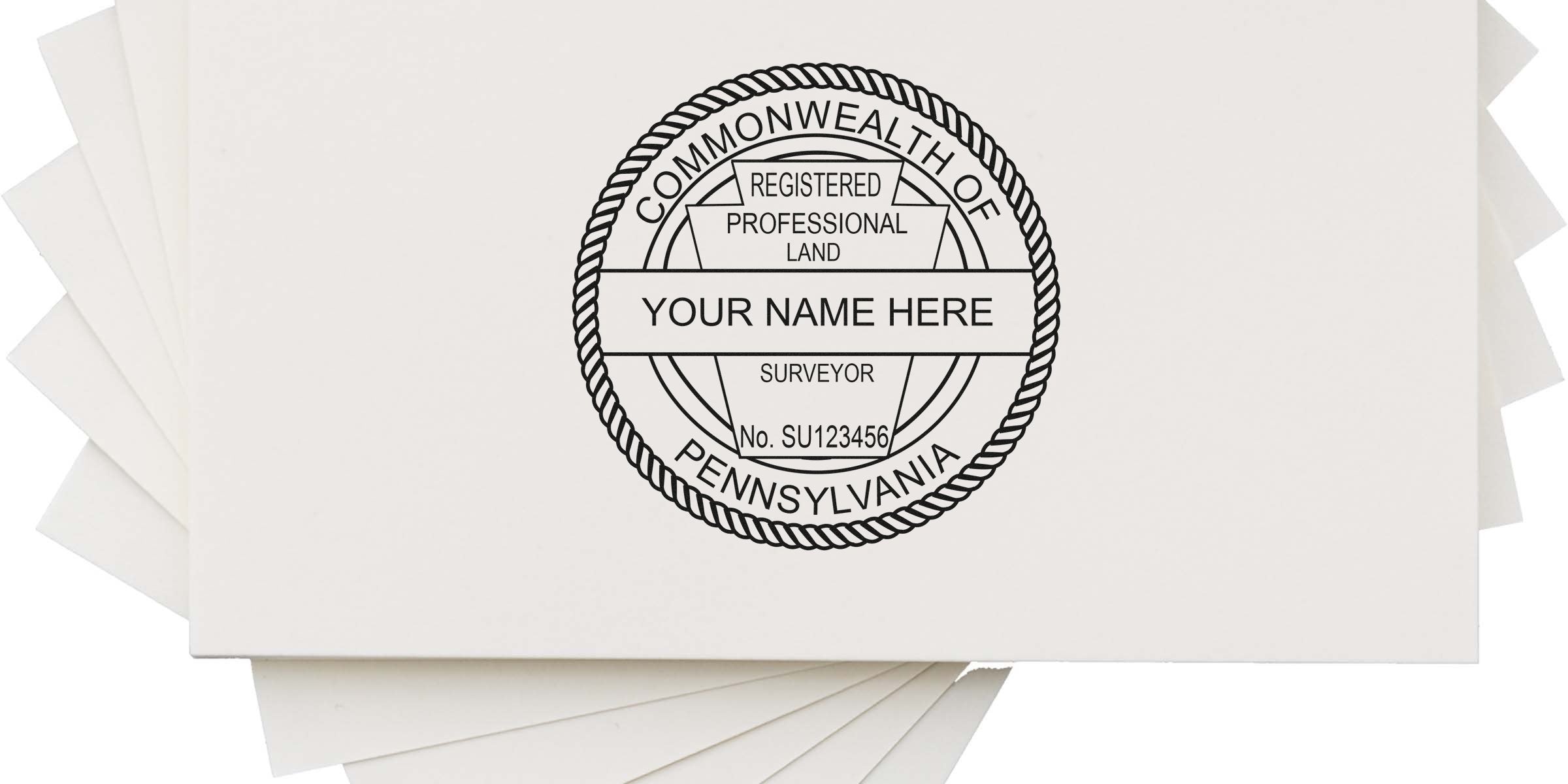 Custom PA land surveyor stamp with registration number SU123456 on white paper, compliant with Pennsylvania land surveyor stamp standards.