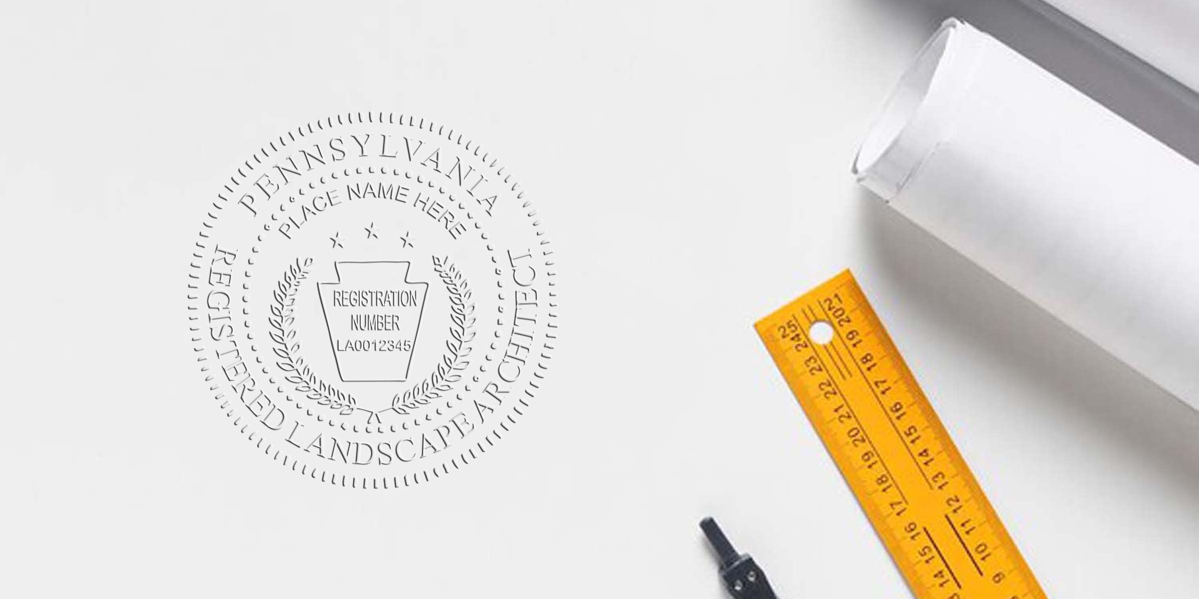 Pennsylvania landscape architect stamp with registered seal, architectural plans, and ruler, emphasizing licensing requirements.