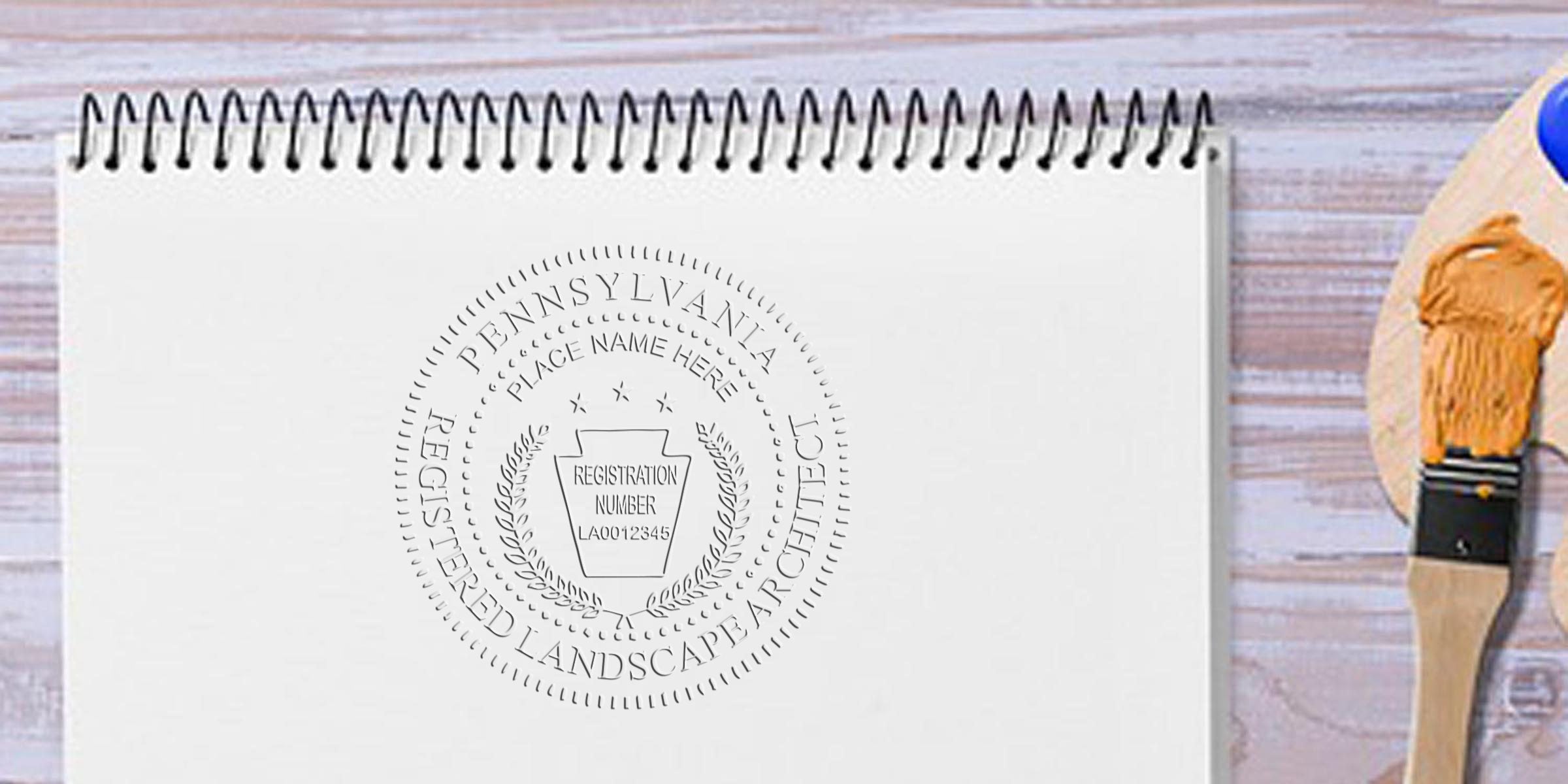 Pennsylvania landscape architect seal on sketchbook with paintbrush and palette, symbolizing Landscape Architect License and PA Stamp Renewal.