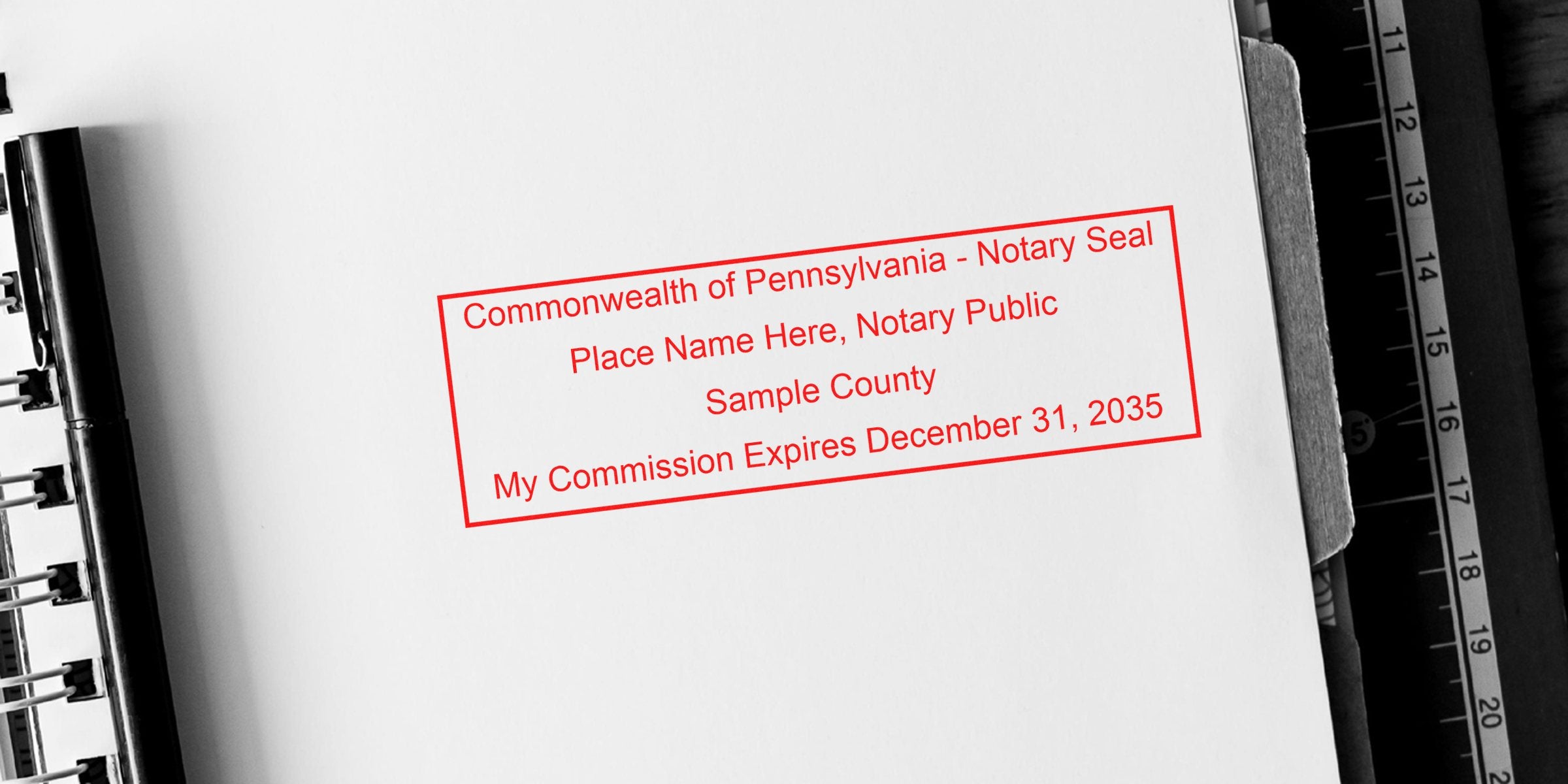 Notary seal stamp on white paper showing Pennsylvania notary public commission expiration date, a quality essential supply for legal documents.