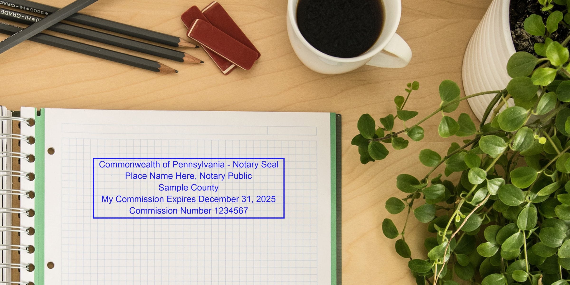 Pennsylvania notary seal stamp on notebook with pencils, coffee cup, and plant on wooden desk, showing notary public commission number and expiration, highlighting PA notary seal requirements.