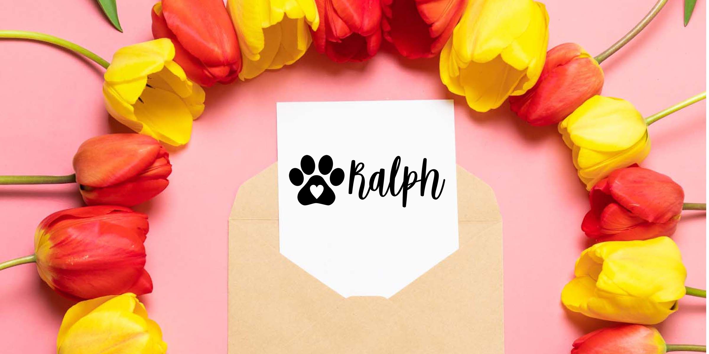 Colorful red and yellow tulips framing a personalized envelope with a paw print and the name Ralph on a pink background