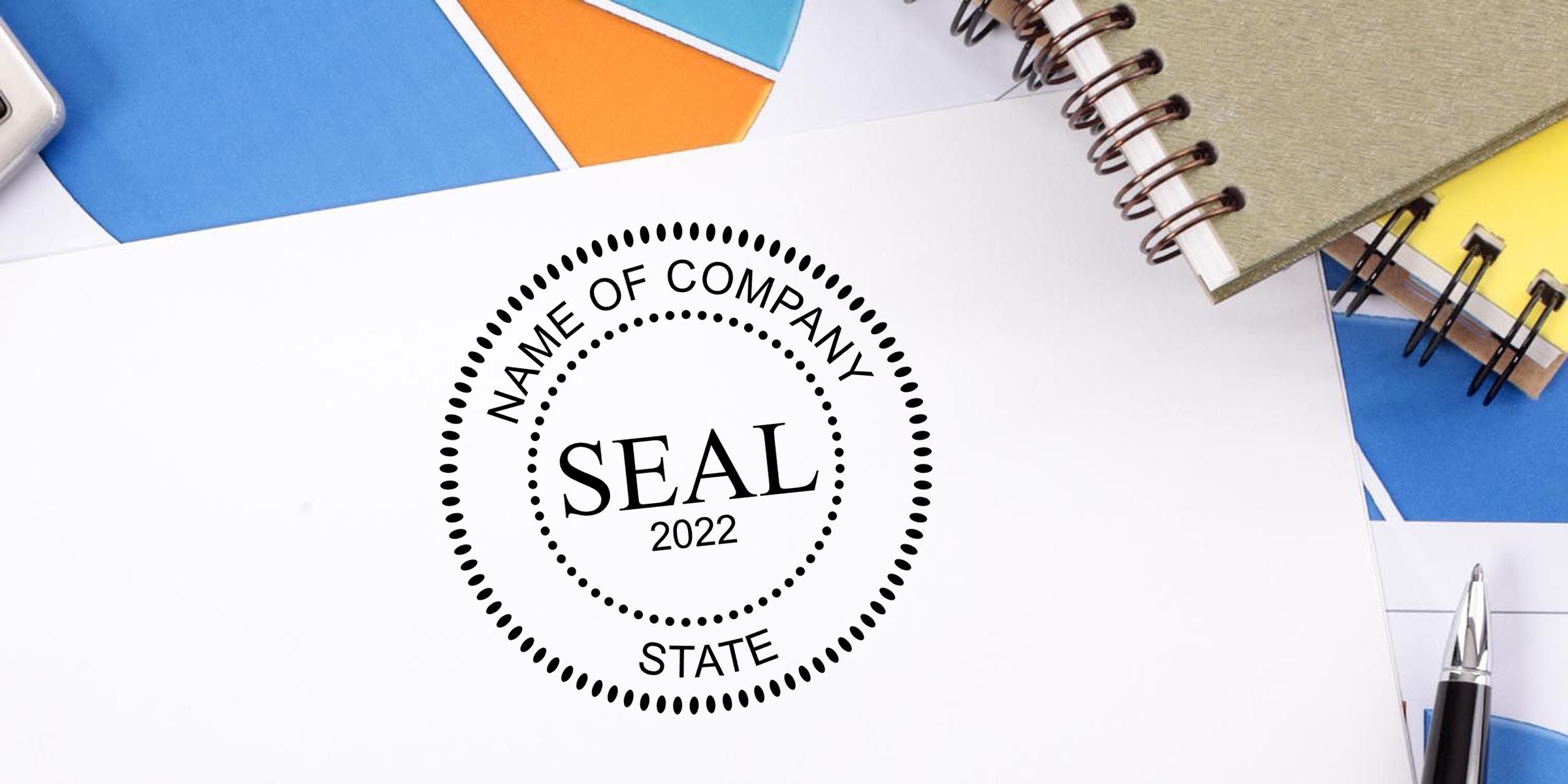 Company seal stamp on white document with notebooks, pen, and color paper in an office workspace, featuring “Name of Company State Seal 2022” text