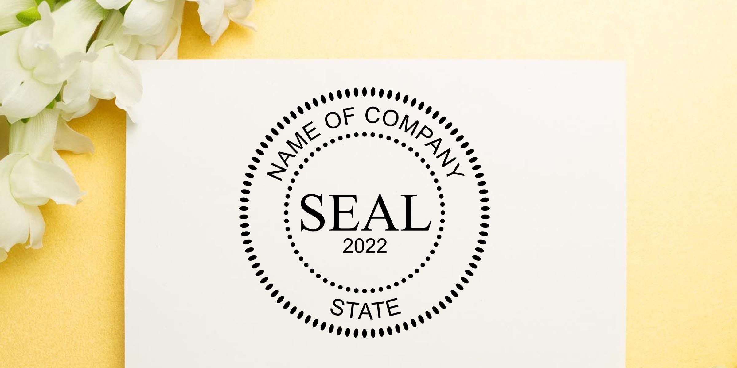 Elegant company seal logo mockup on a white card with black circular dotted border and text “NAME OF COMPANY SEAL 2022 STATE,” styled with white flowers on a gold background
