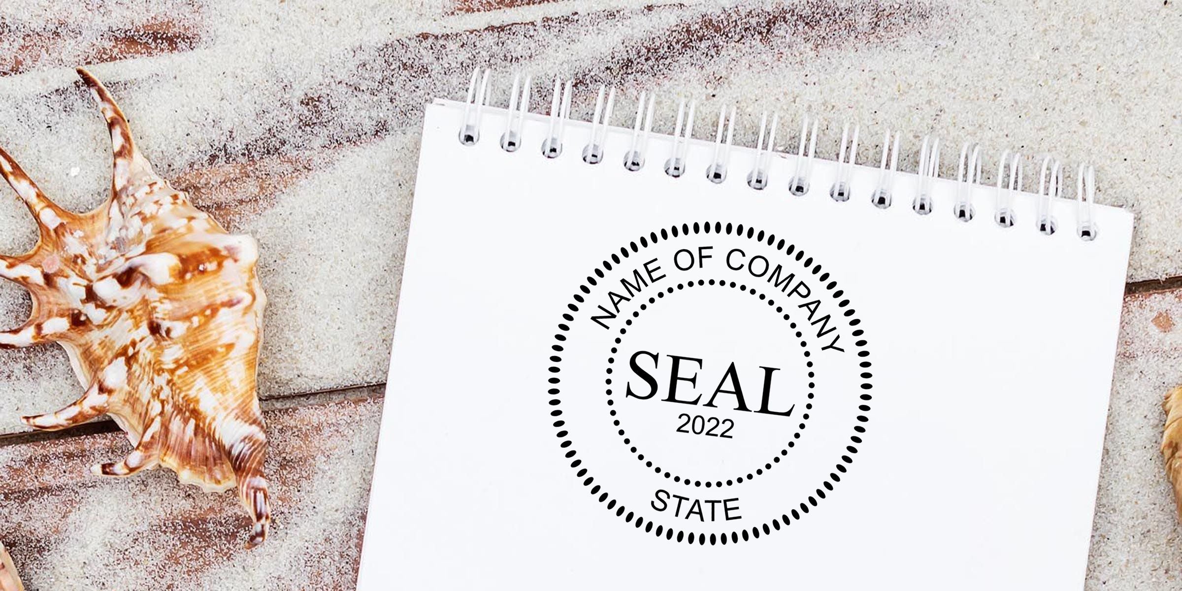 Spiral notebook with custom company seal logo on a beach background with seashells, branded stationery mockup 2022.