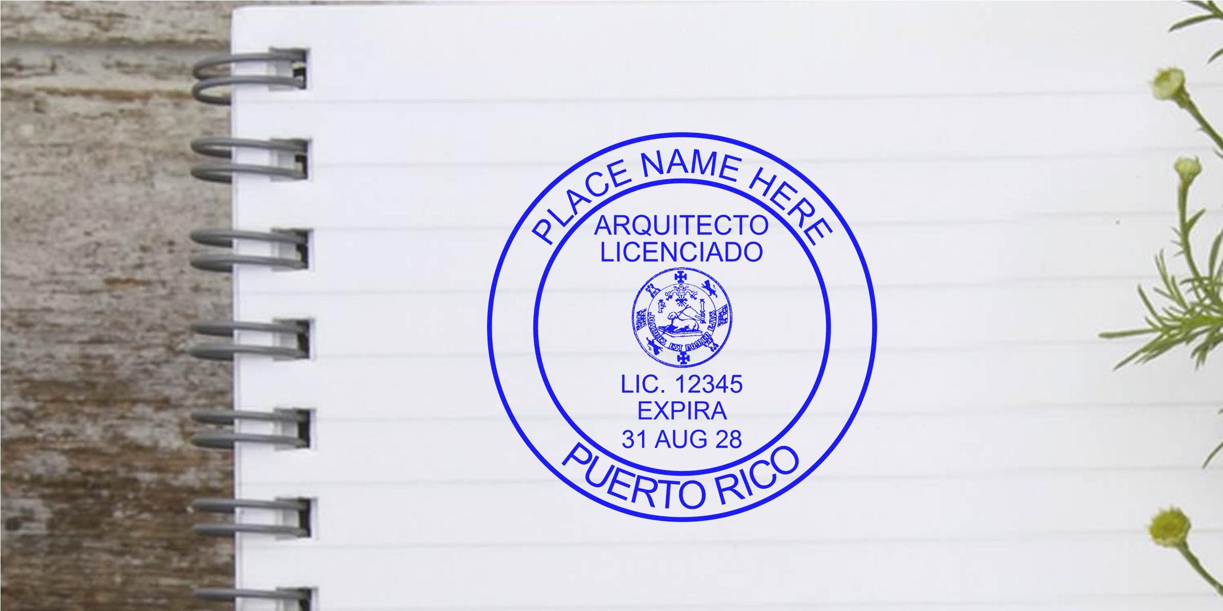 Architect stamp on notebook page with plant and wooden background, emphasizing choosing an architect in Puerto Rico.