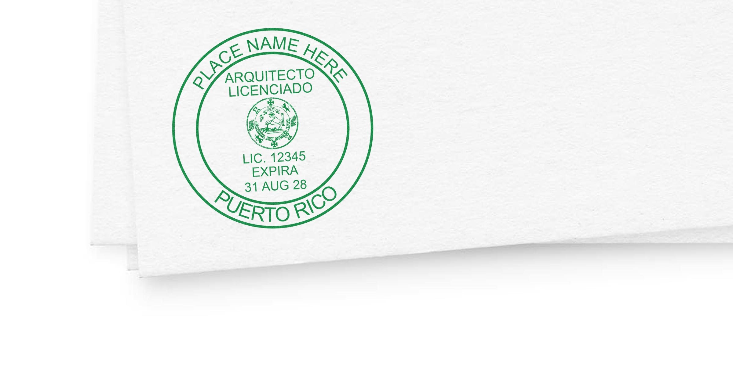 Puerto Rico architectural seal embossed on white paper, displaying licensed architect stamp that meets professional certification embosser requirements.