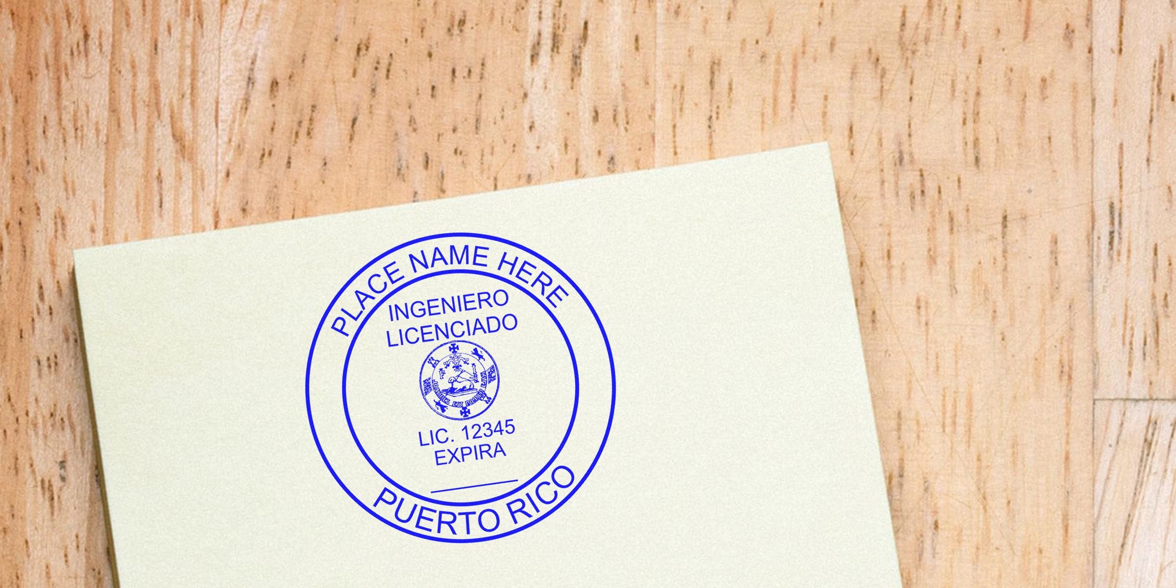 Puerto Rico licensed engineer stamp on paper with official seal and license number, featuring Custom PE Seals and authentic Puerto Rico seals.