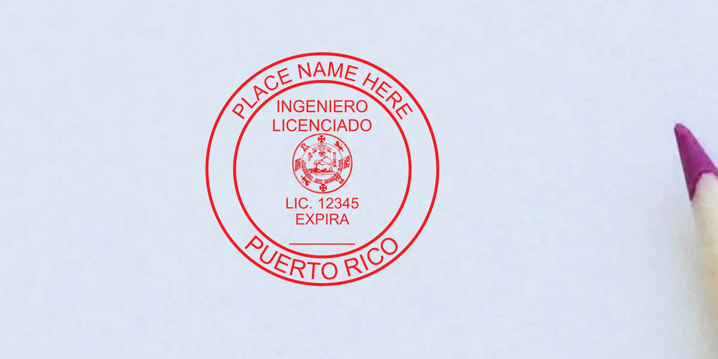 Puerto Rico PE Stamp with license number and expiration date on white paper next to a purple pencil, showing PE Stamp Regulations in Puerto Rico.
