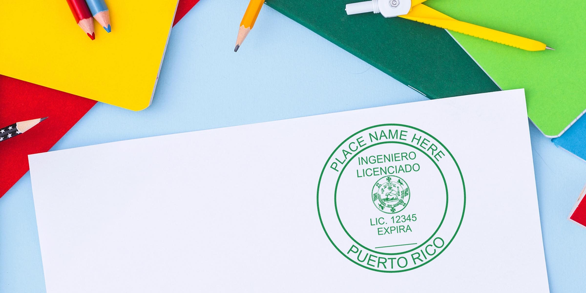 Puerto Rico engineer stamp on white paper with colorful notebooks and pencils, highlighting the stamp and engineer requirements.