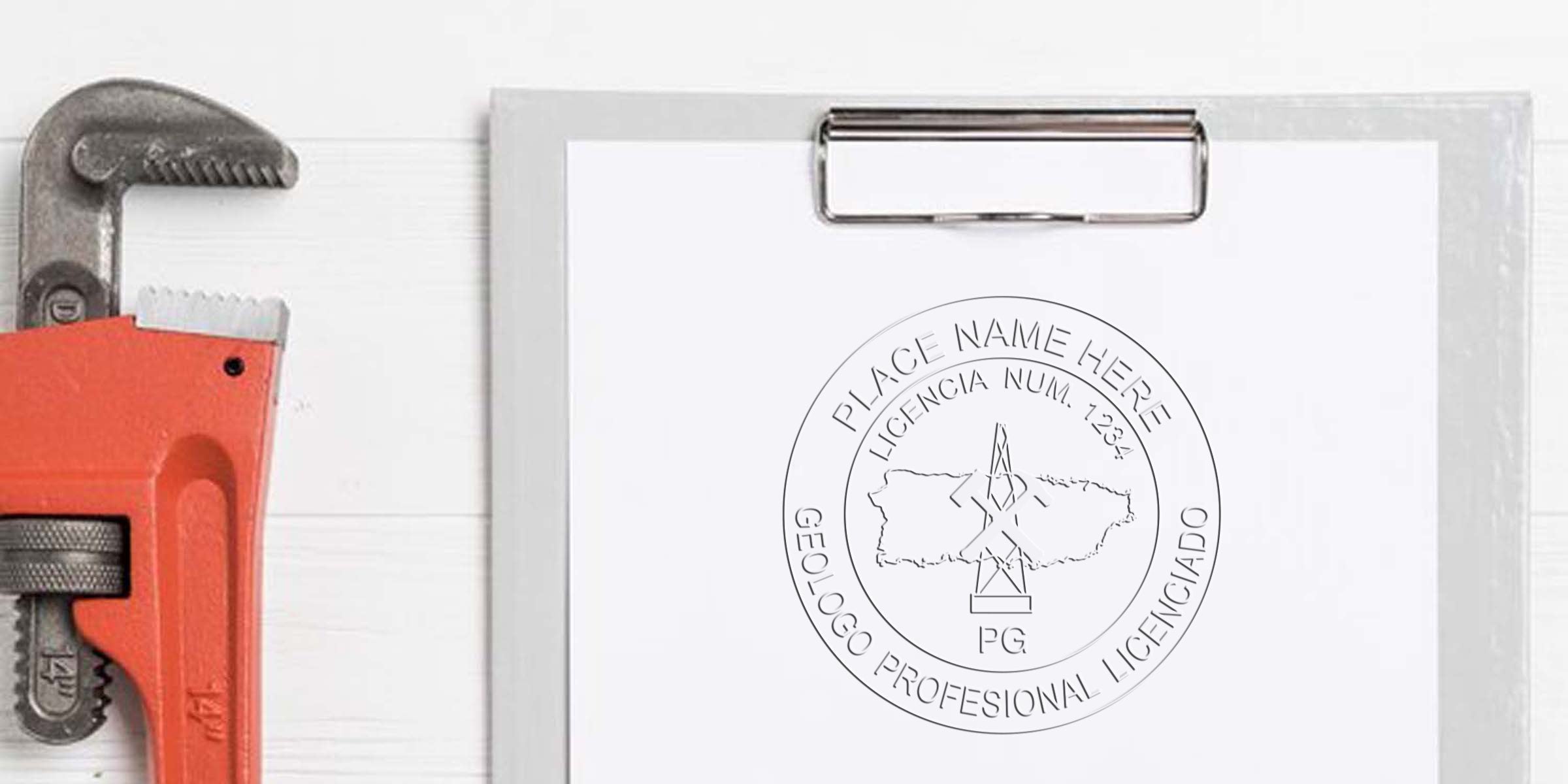 Professional geologist license stamp on clipboard with pipe wrench, showcasing geologist seals and tips for purchasing them.