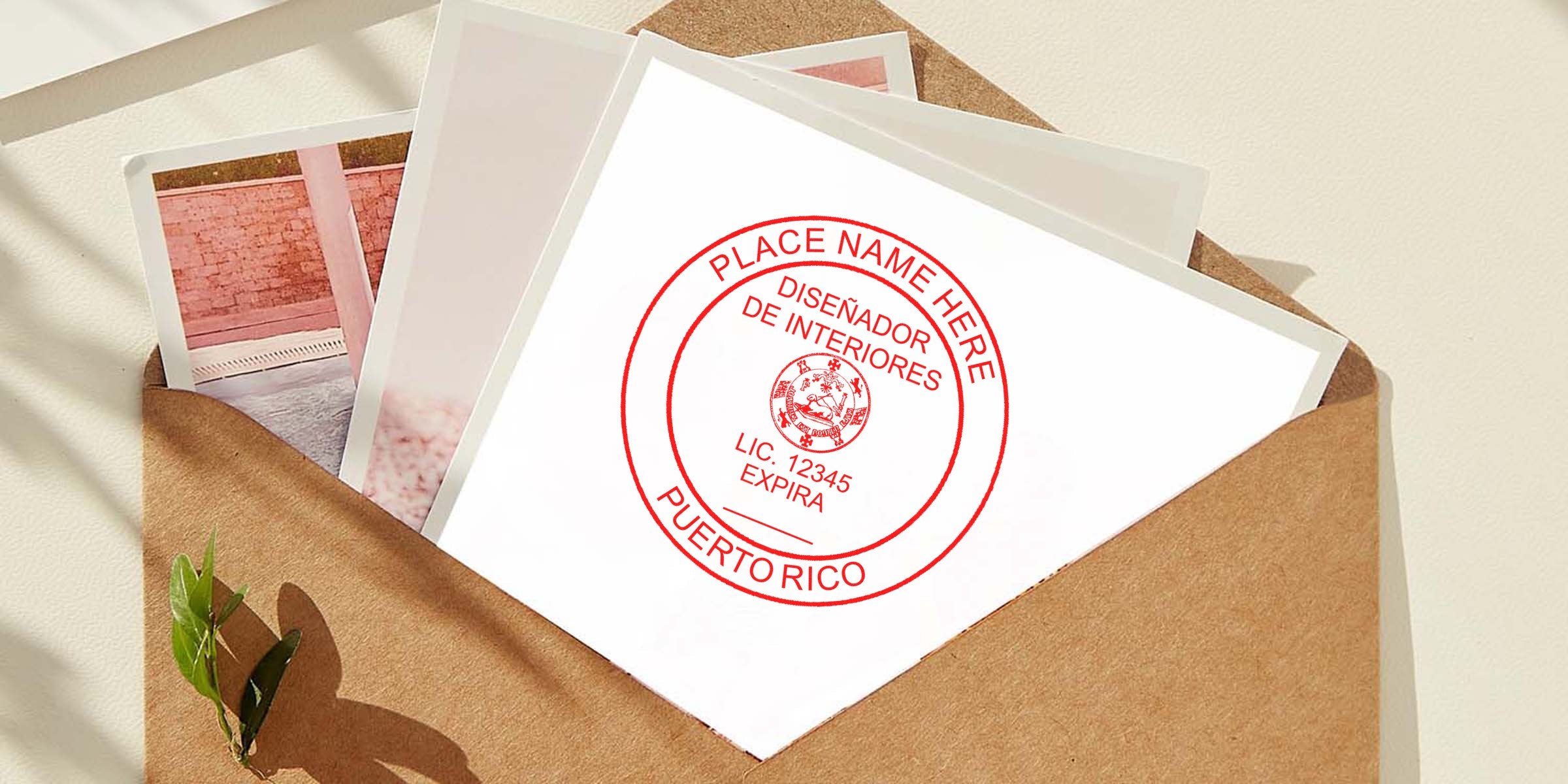 White card with Puerto Rico interior designer seal inside a brown paper envelope, along with photos, showing how to get a professional seal in Puerto Rico.