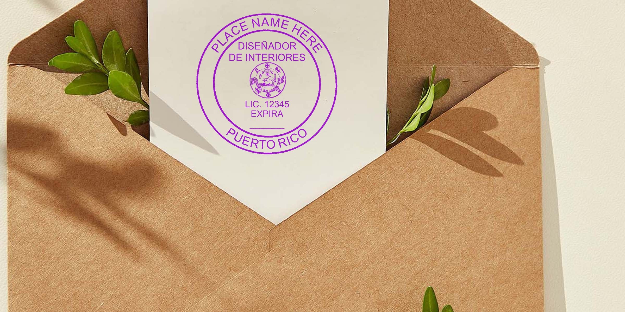 Brown kraft envelope with green leaves and a Puerto Rico interior designer stamp on white paper, showcasing interior design licensing in Puerto Rico.