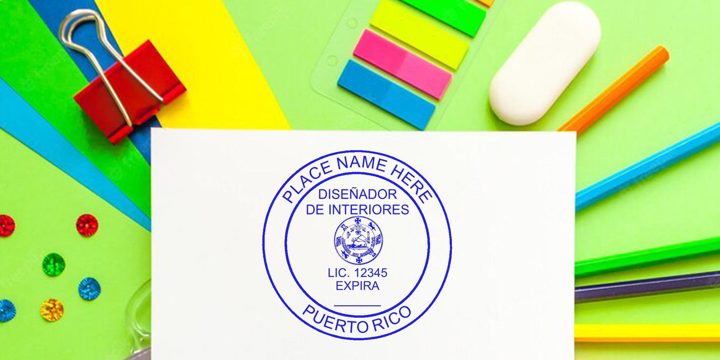 Puerto Rico Interior Designer Seal with vibrant office supplies and stationery, symbolizing Interior Design Certification in Puerto Rico.
