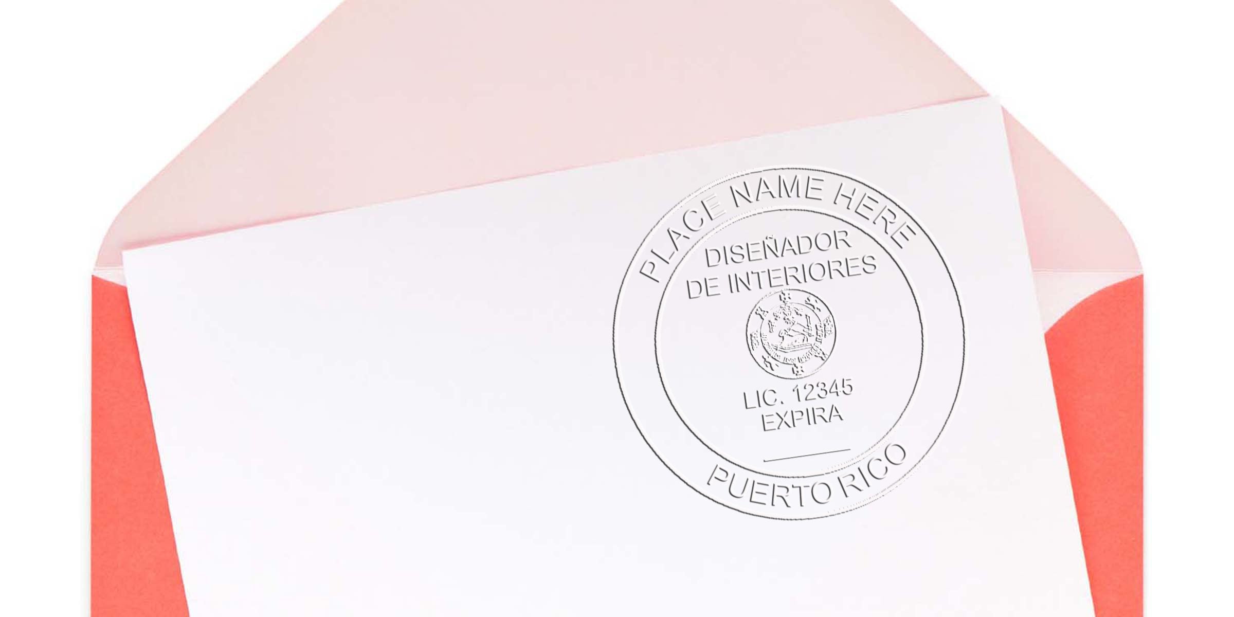 Embossed Puerto Rico interior design license seal on white paper with pink and red envelopes, meeting stamp design criteria.